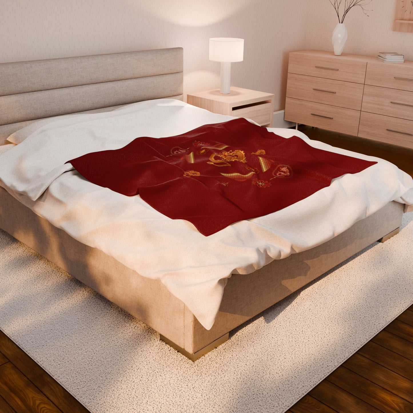 Chinese New Year Red Velvet Plush Blanket with Gold Dragon Design — Lunar New Year Throw by EraofInk