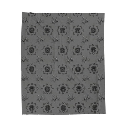 Skulls and Roses Velveteen Plush Blanket — Cozy Grey Floral Crest Throw by EraofInk
