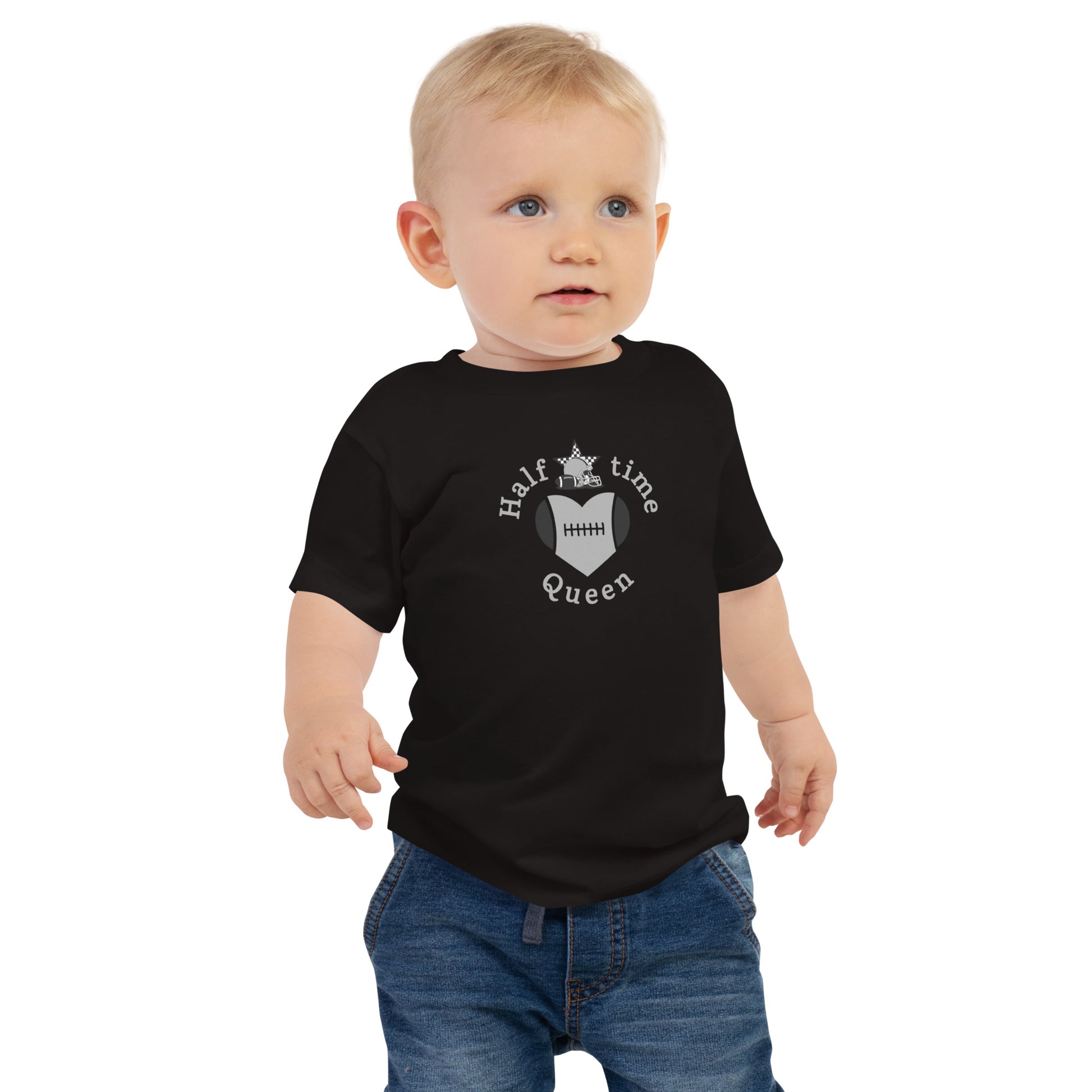 Halftime Queen Football Baby Jersey Tee Cheer for Grey & Black Team by EraofInk
