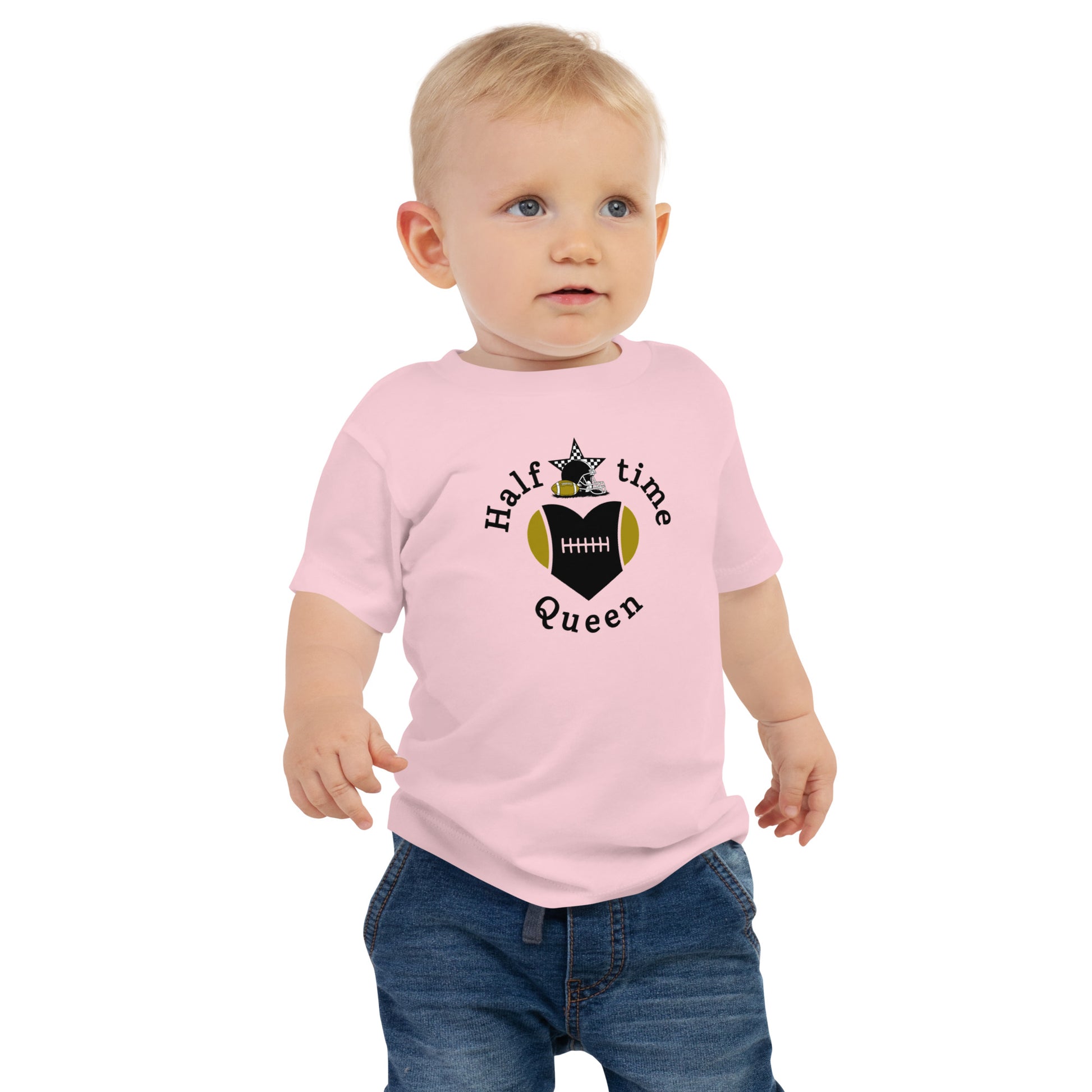 Halftime Queen Football Baby Jersey Tee Cheer for Black & Gold Team by EraofInk