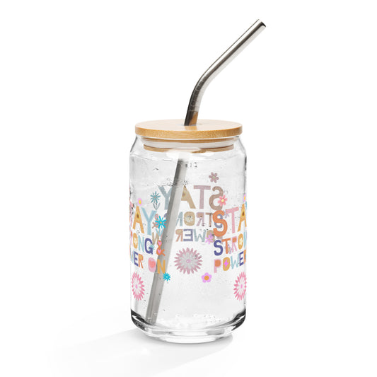 Stay Strong Power On Motivational Encouraging Quote Can-shaped Glass with Straw & Lid by EraofInk