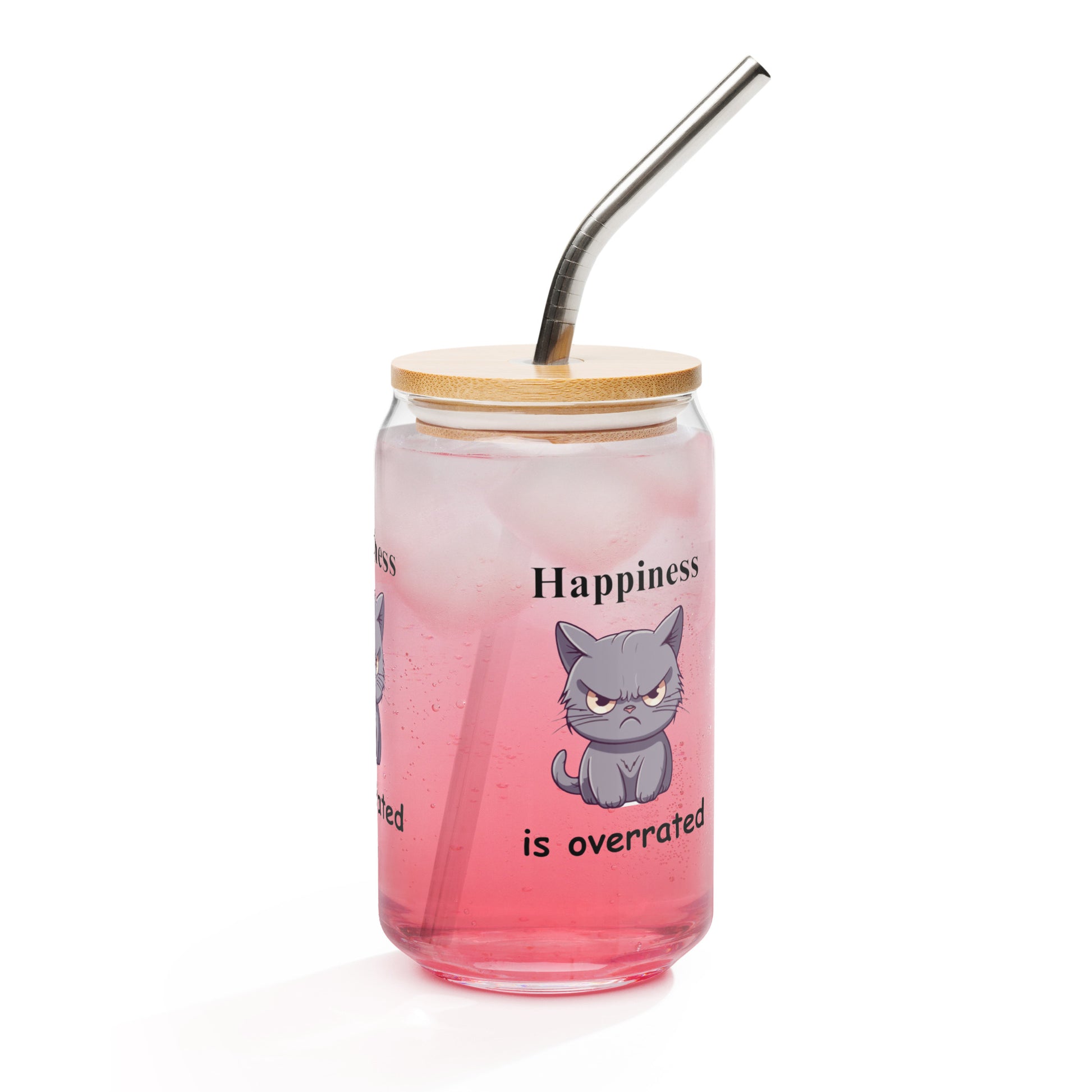 Happiness is Overrated Scowling Cat Humor Can-shaped Glass by EraofInk