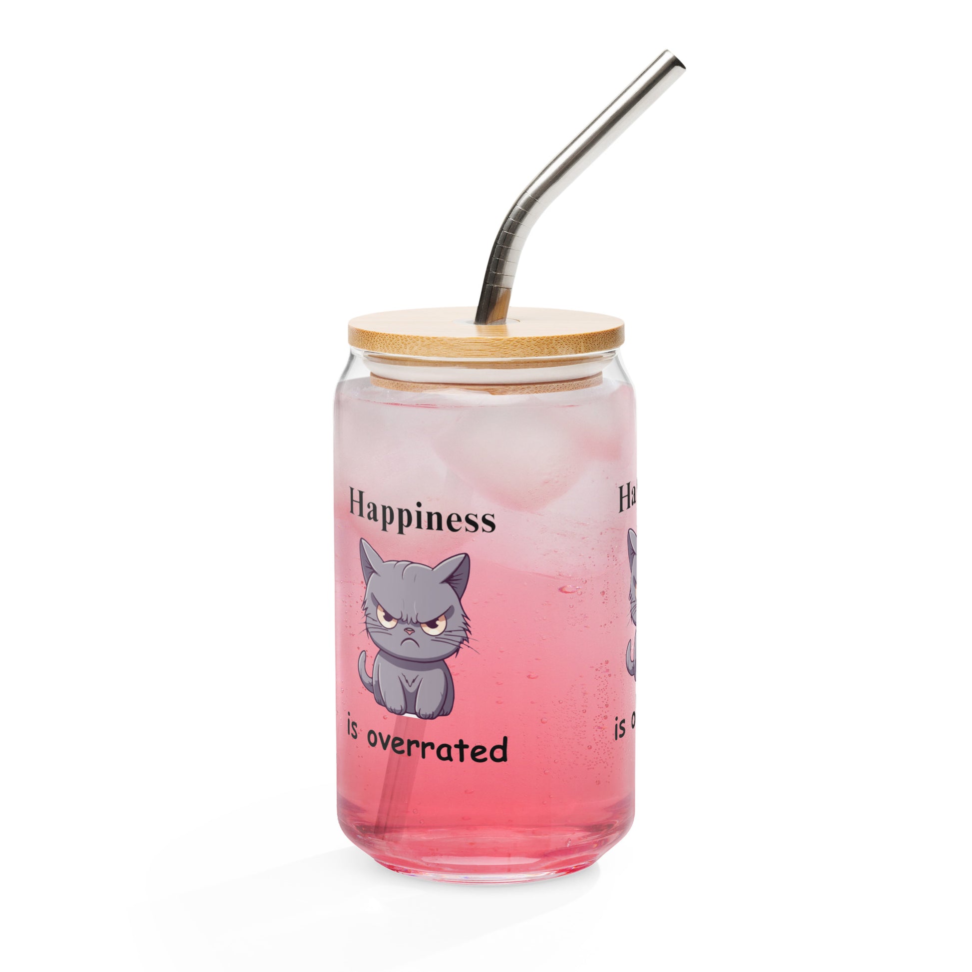 Happiness is Overrated Scowling Cat Humor Can-shaped Glass by EraofInk