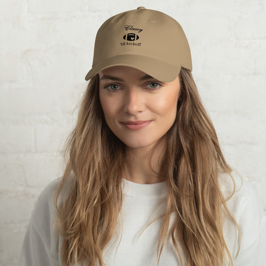 Classy 'til Kickoff Football Black Font Print Dad Hat by EraofInk
