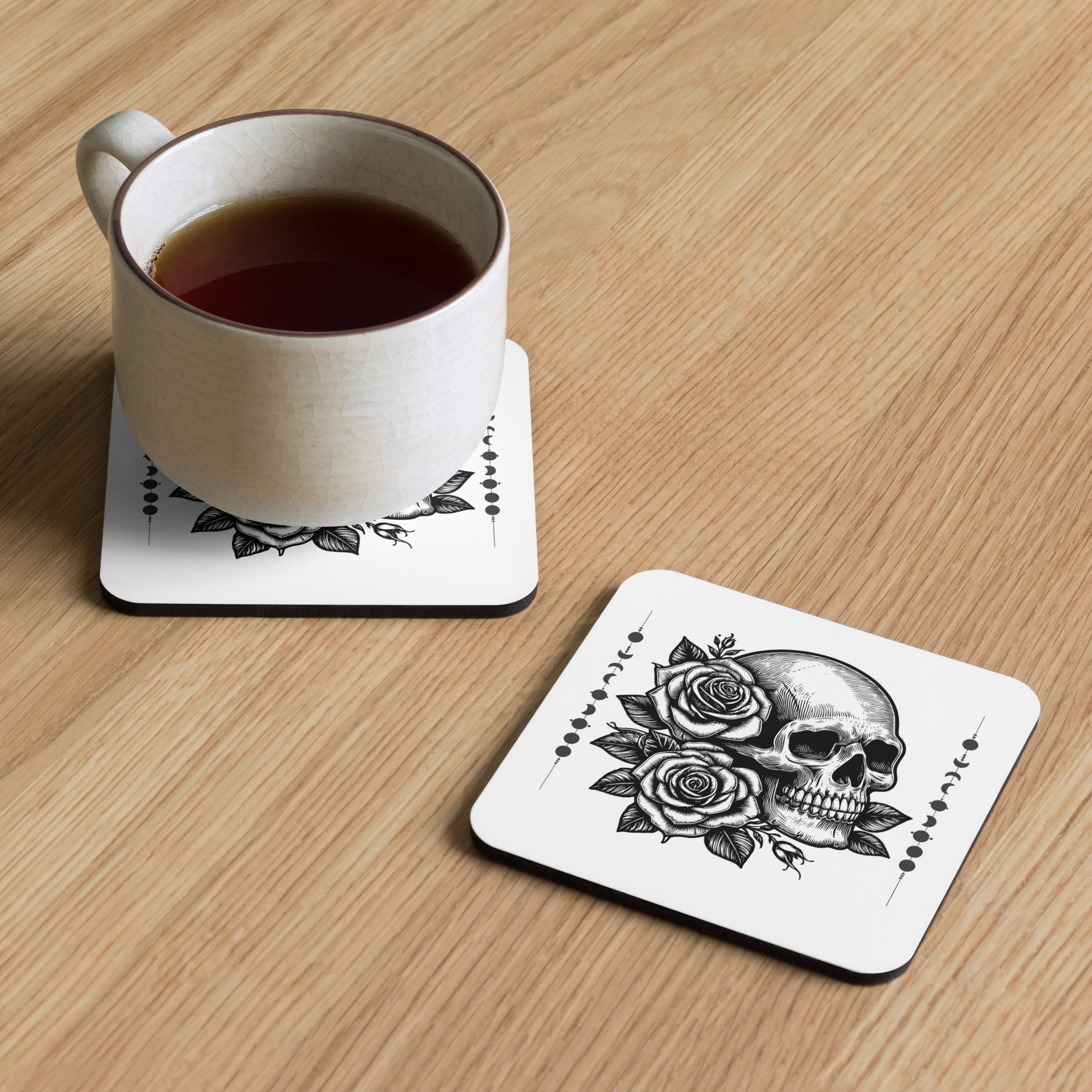 Goth Gothic Glam Skull with Roses Themed Cork-back Coaster by EraofInk