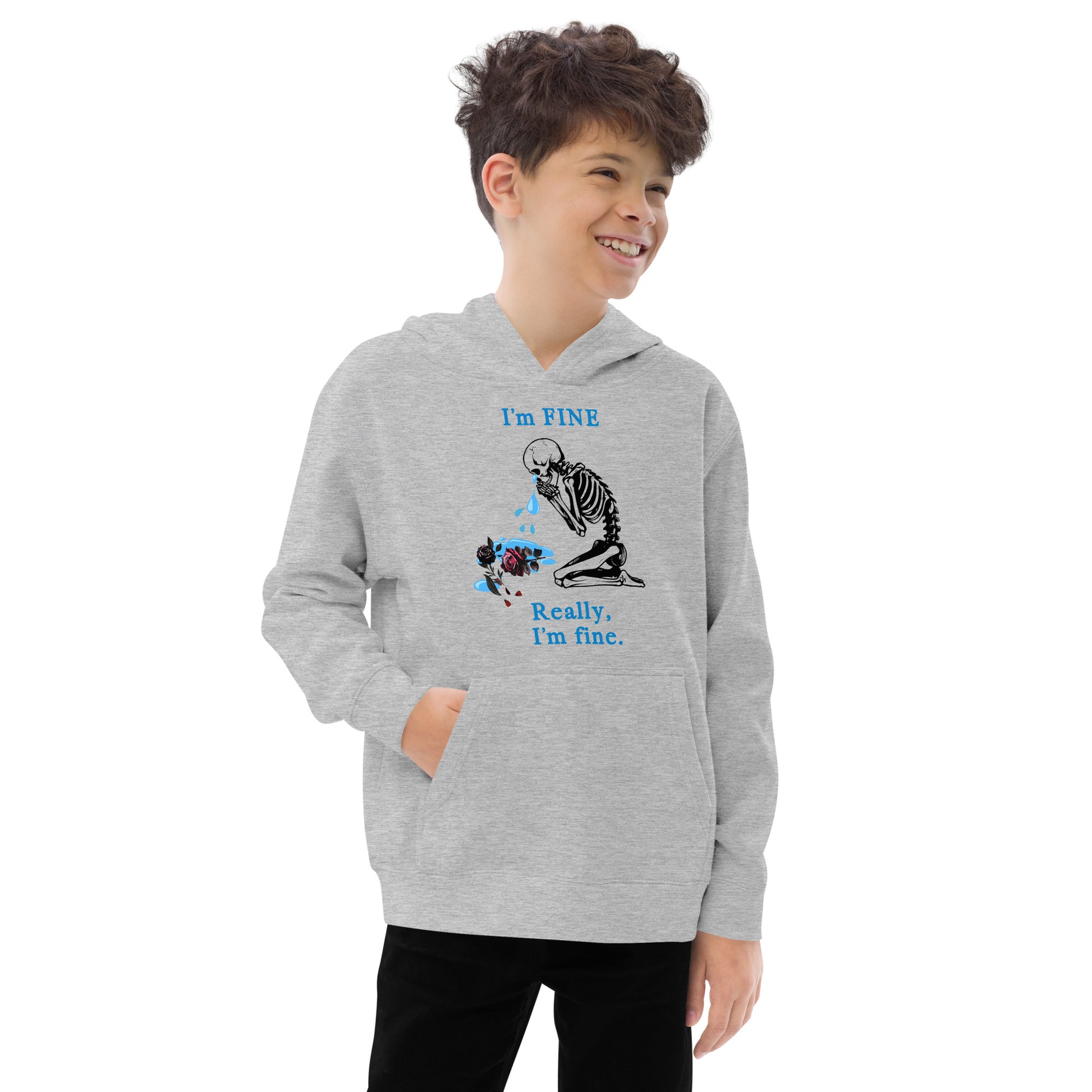 I'm Fine, Really, I'm Fine with crying skeleton bent over a dying rose - Kids fleece hoodie
