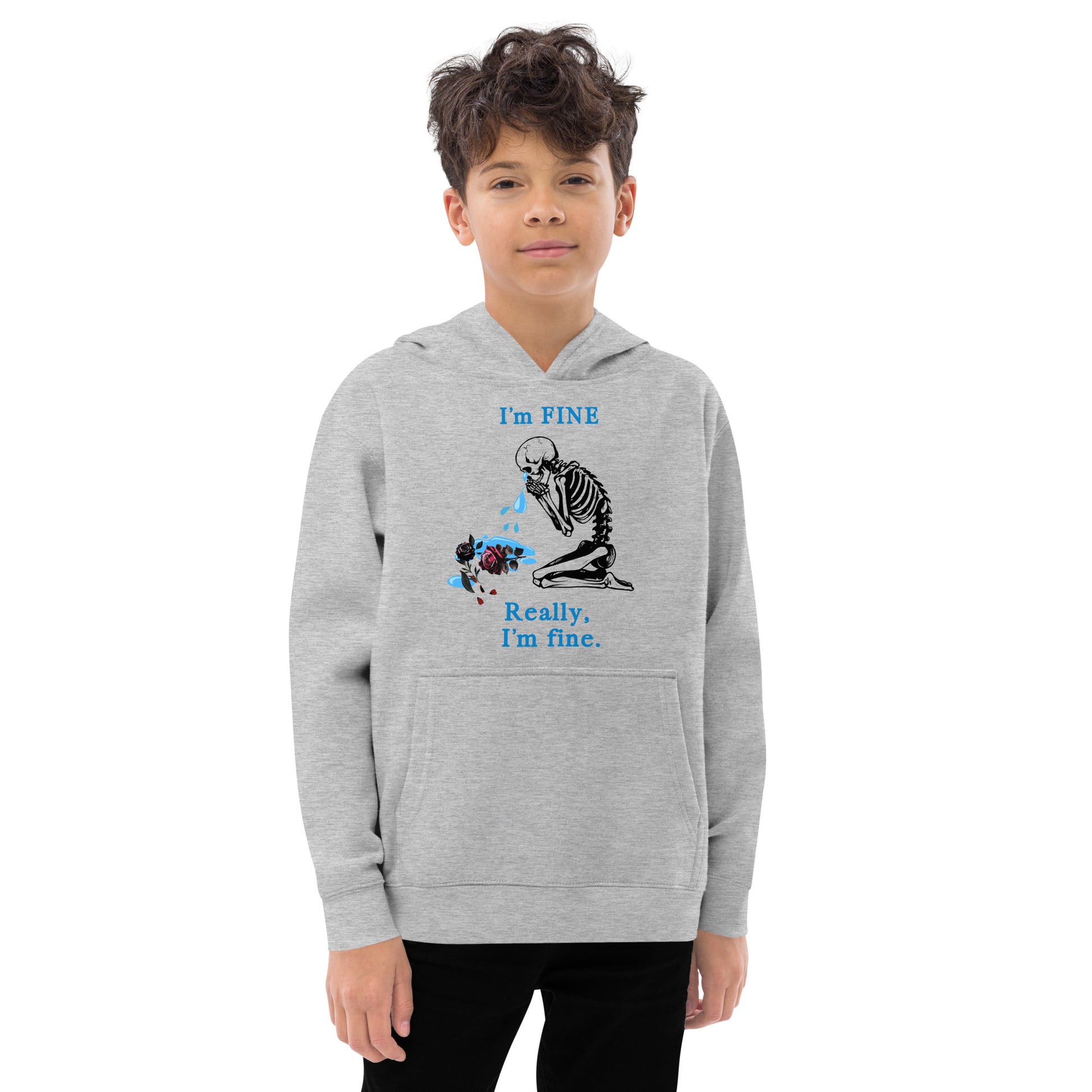 I'm Fine, Really, I'm Fine with crying skeleton bent over a dying rose - Kids fleece hoodie