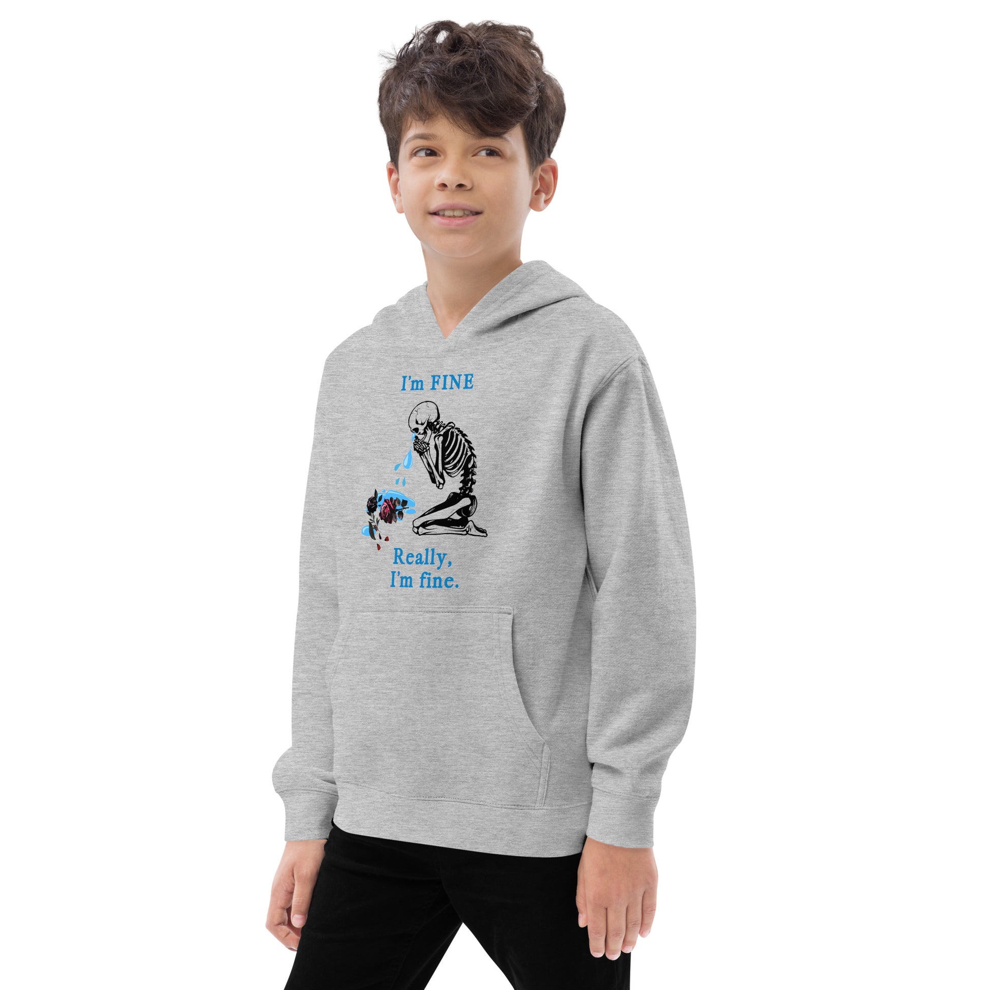 I'm Fine, Really, I'm Fine with crying skeleton bent over a dying rose - Kids fleece hoodie