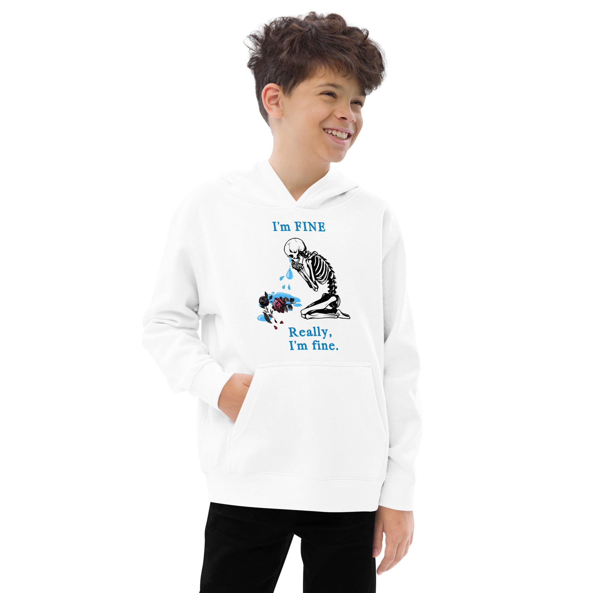 I'm Fine, Really, I'm Fine with crying skeleton bent over a dying rose - Kids fleece hoodie