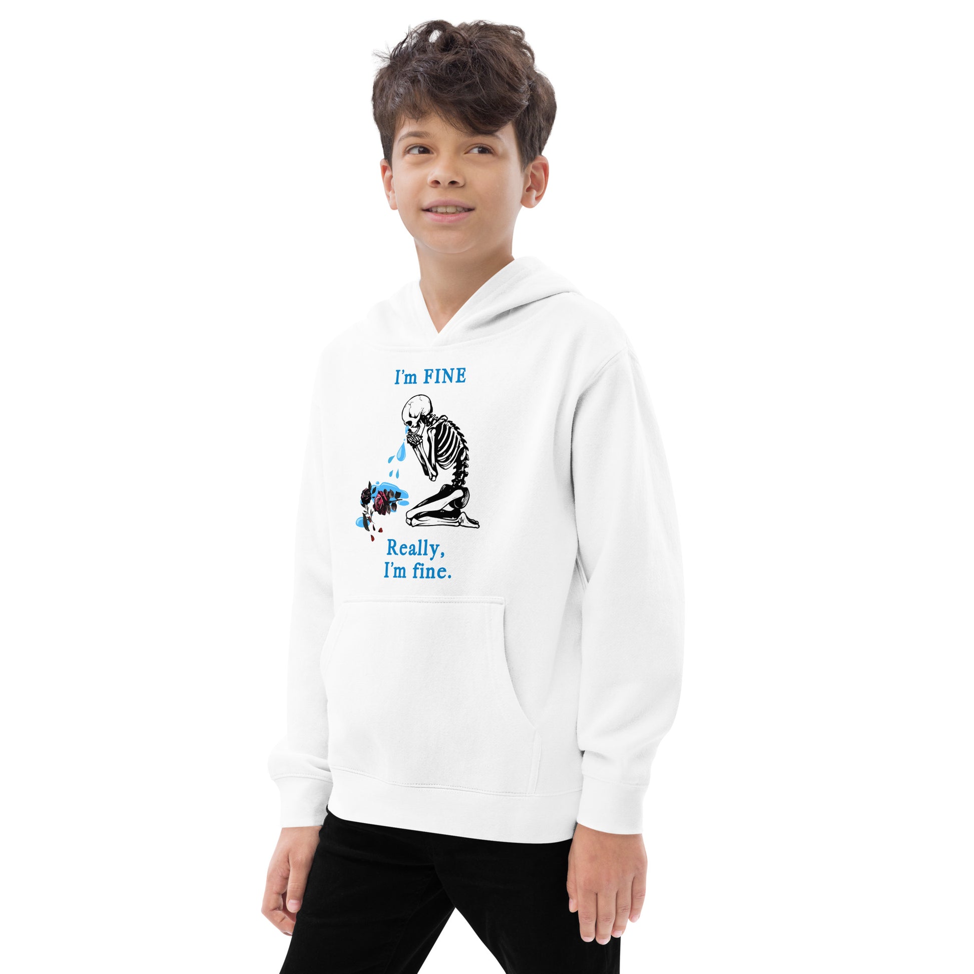 I'm Fine, Really, I'm Fine with crying skeleton bent over a dying rose - Kids fleece hoodie