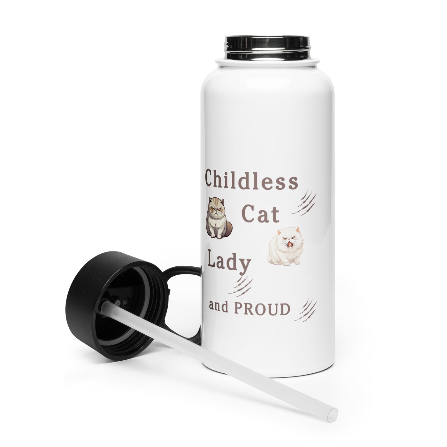 Childless Cat Lady & Proud Stainless Steel Water Bottle With Straw Lid by EraofInk