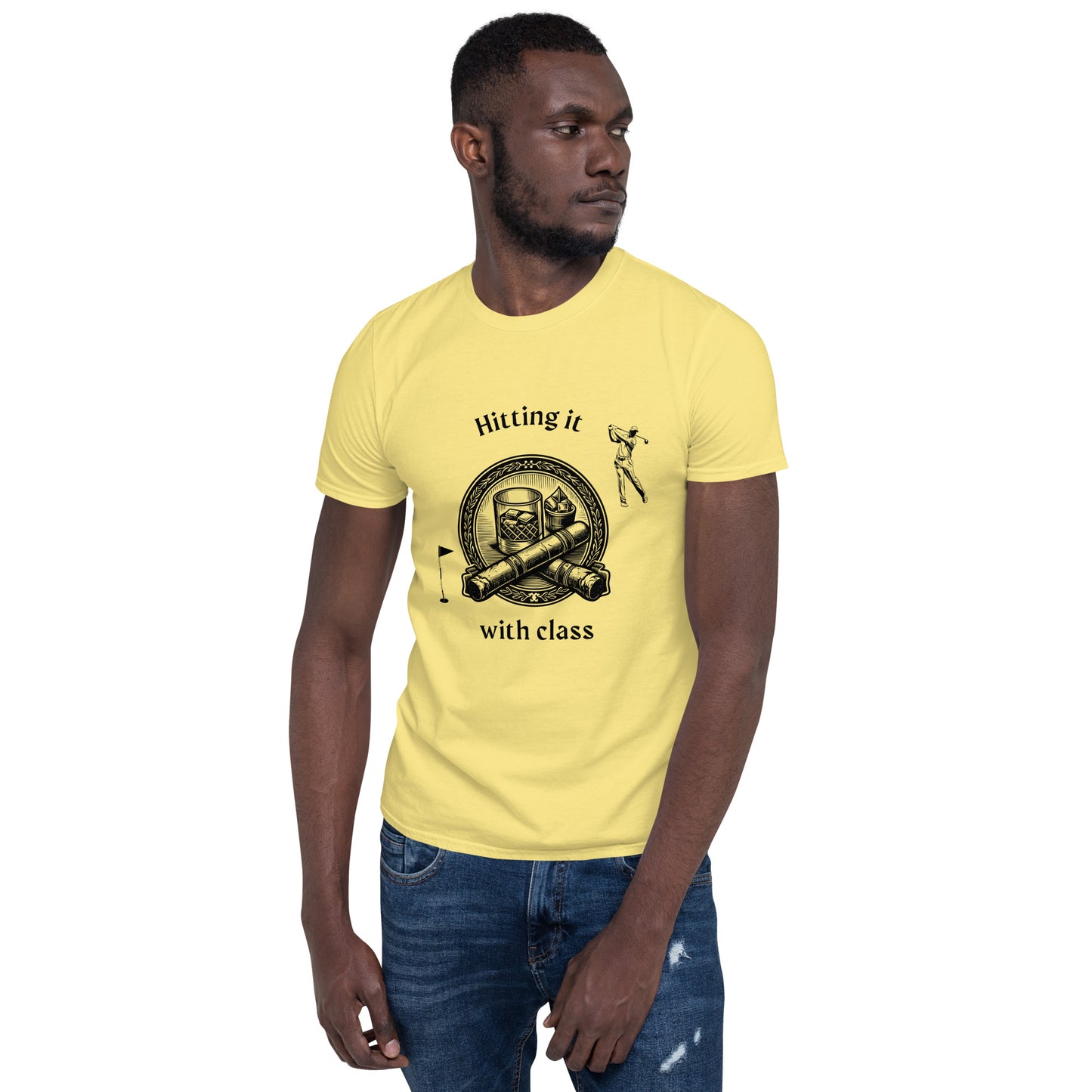 Golf, Bourbon and Cigars Unisex Tee - Hitting it with Class Short Sleeve by EraofInk
