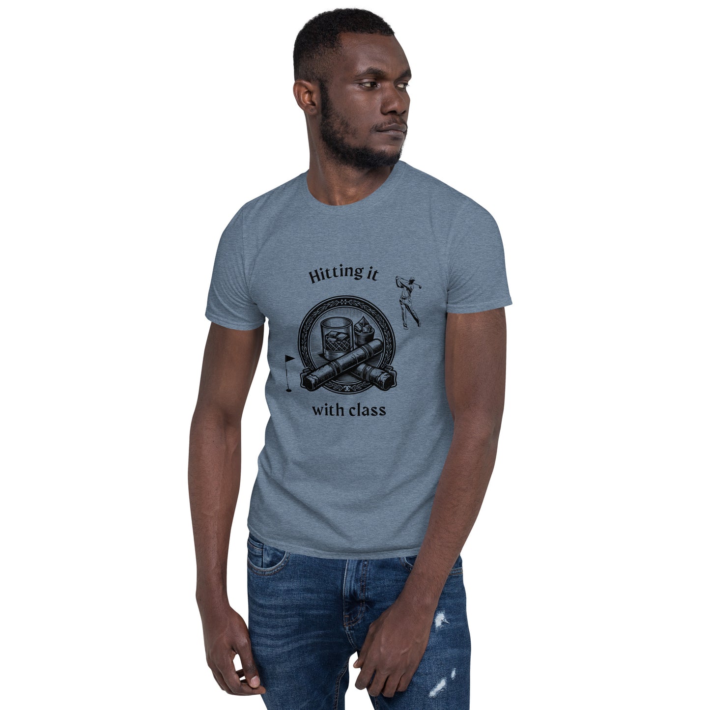 Golf, Bourbon and Cigars Unisex Tee - Hitting it with Class Short Sleeve by EraofInk