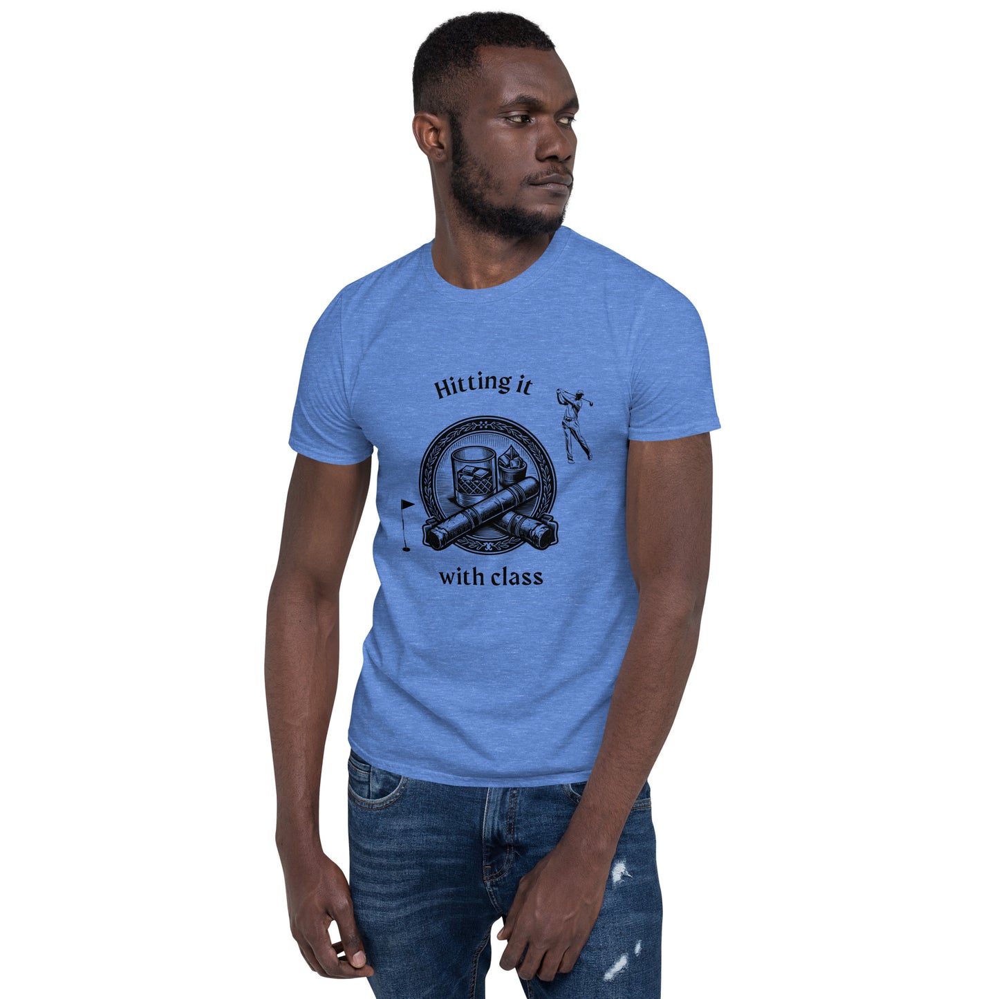 Golf, Bourbon and Cigars Unisex Tee - Hitting it with Class Short Sleeve by EraofInk