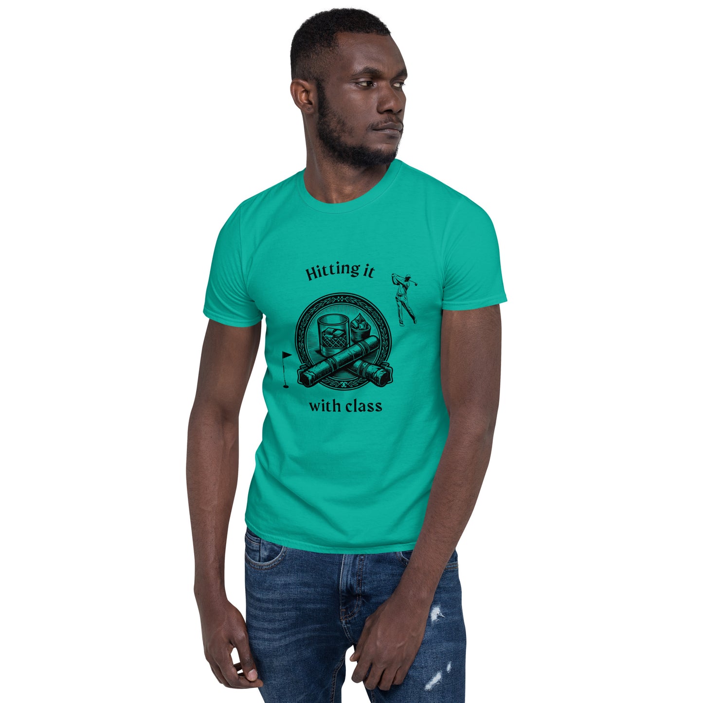 Golf, Bourbon and Cigars Unisex Tee - Hitting it with Class Short Sleeve by EraofInk