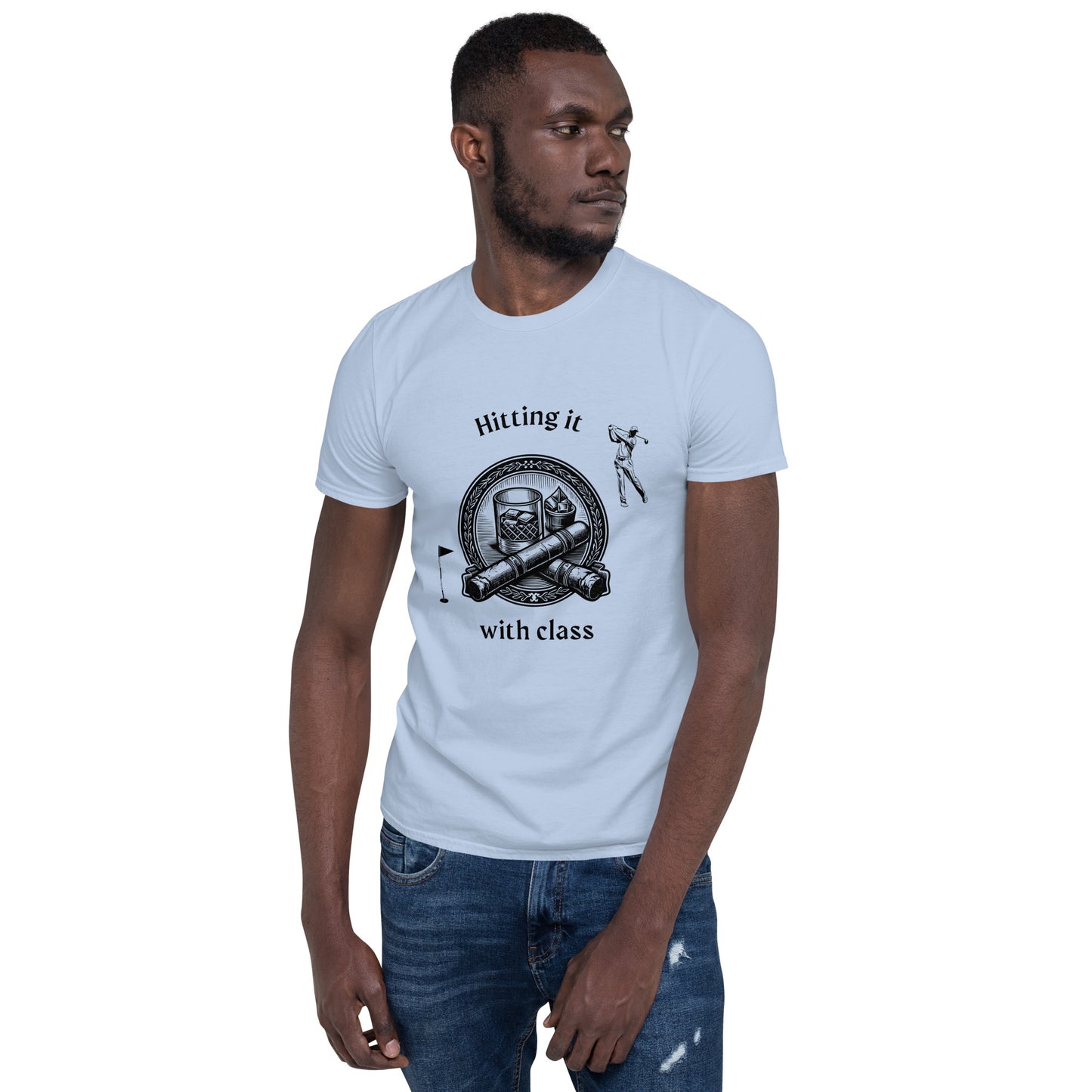 Golf, Bourbon and Cigars Unisex Tee - Hitting it with Class Short Sleeve by EraofInk