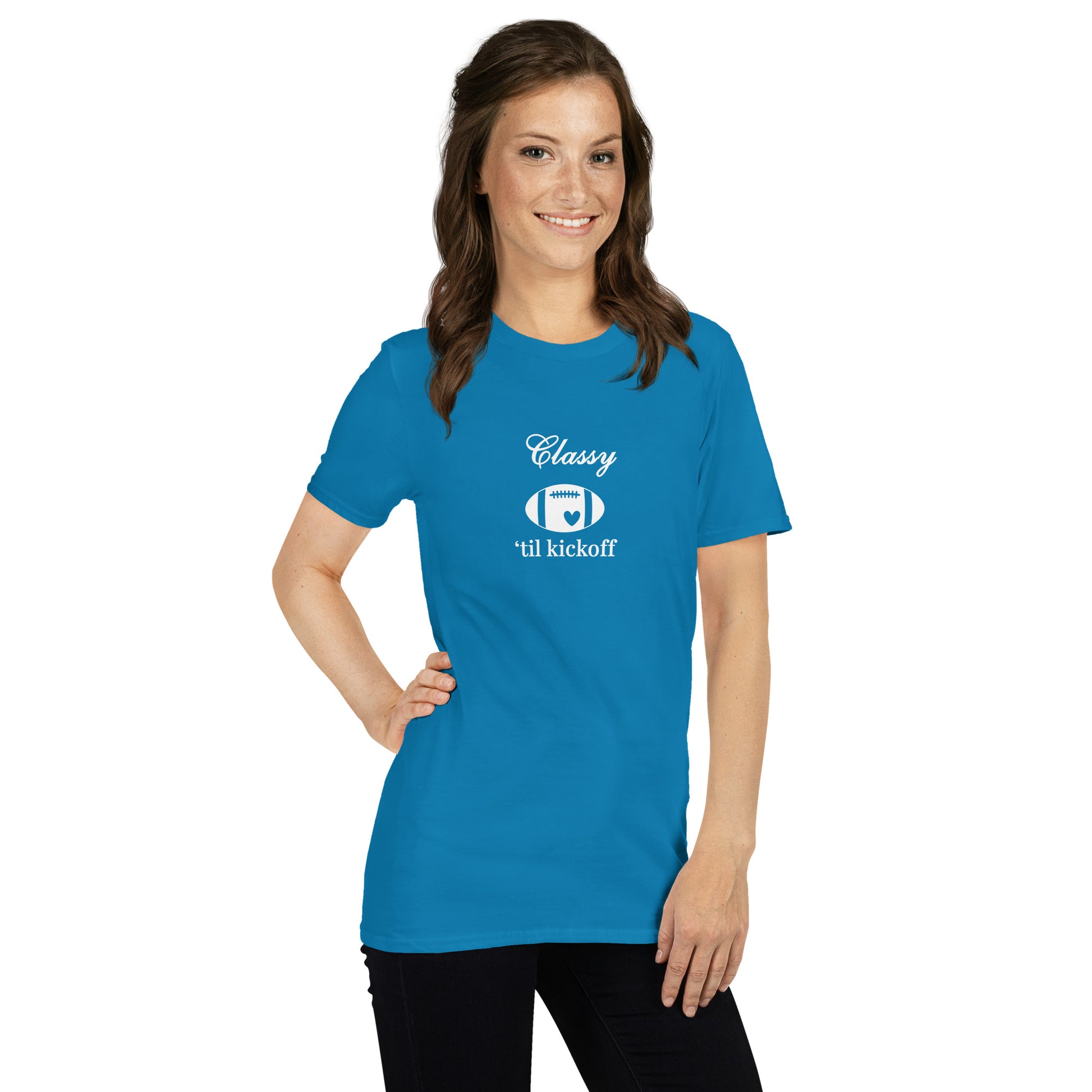 Classy 'til Kickoff Football Unisex Tee White Font by EraofInk