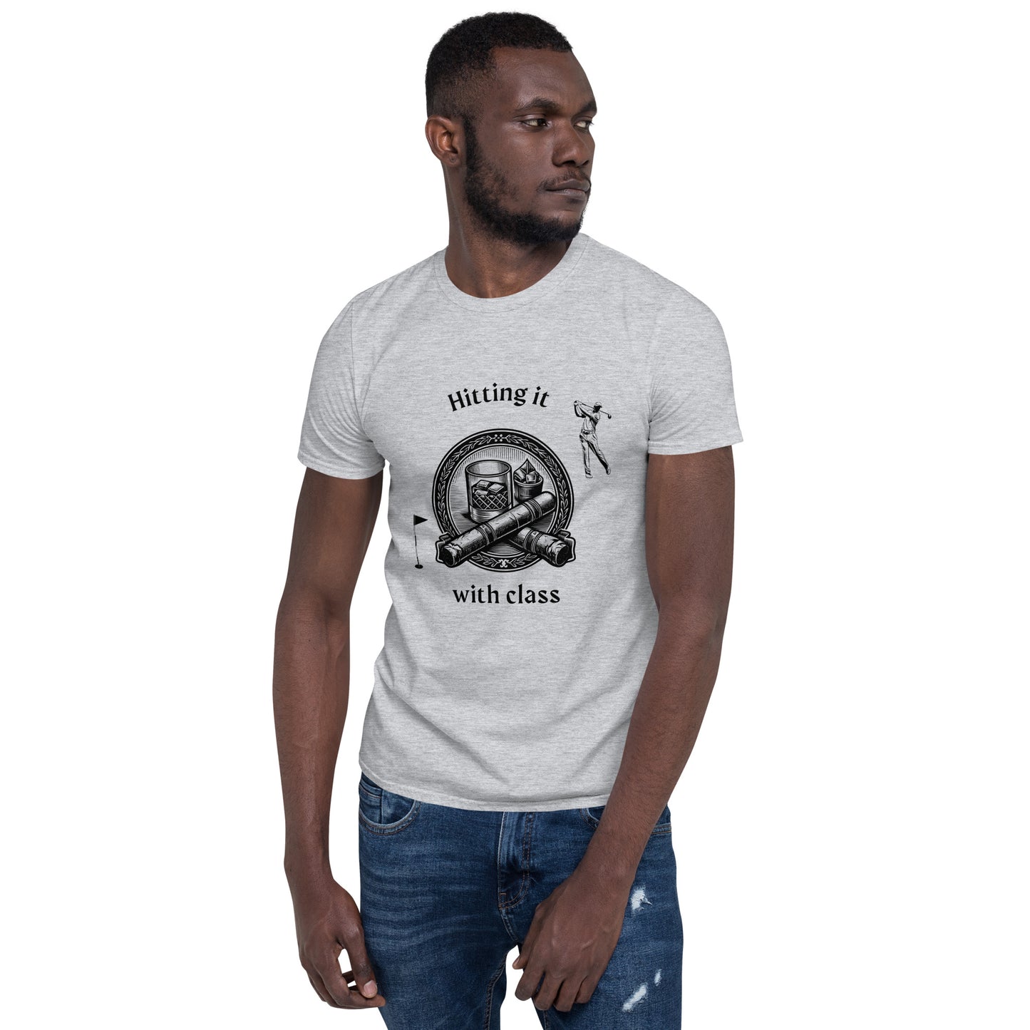 Golf, Bourbon and Cigars Unisex Tee - Hitting it with Class Short Sleeve by EraofInk