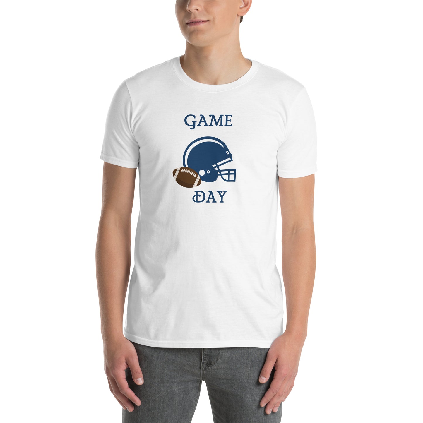 Game Day Football Blue and White Unisex T-Shirt by EraofInk
