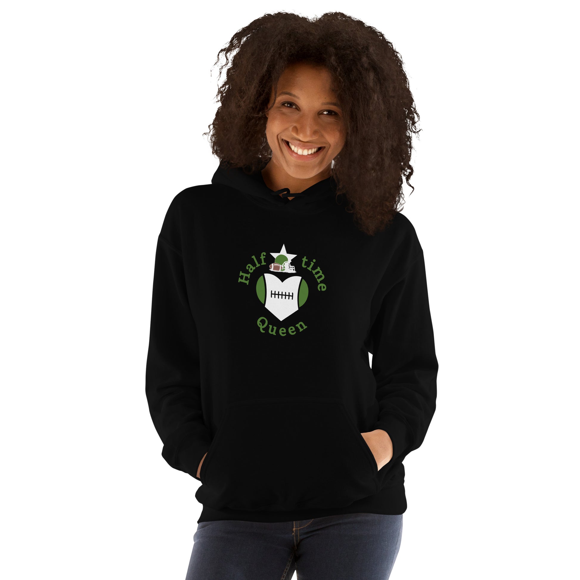 Halftime Queen Football Cheer for Green & White Unisex Hoodie by EraofInk