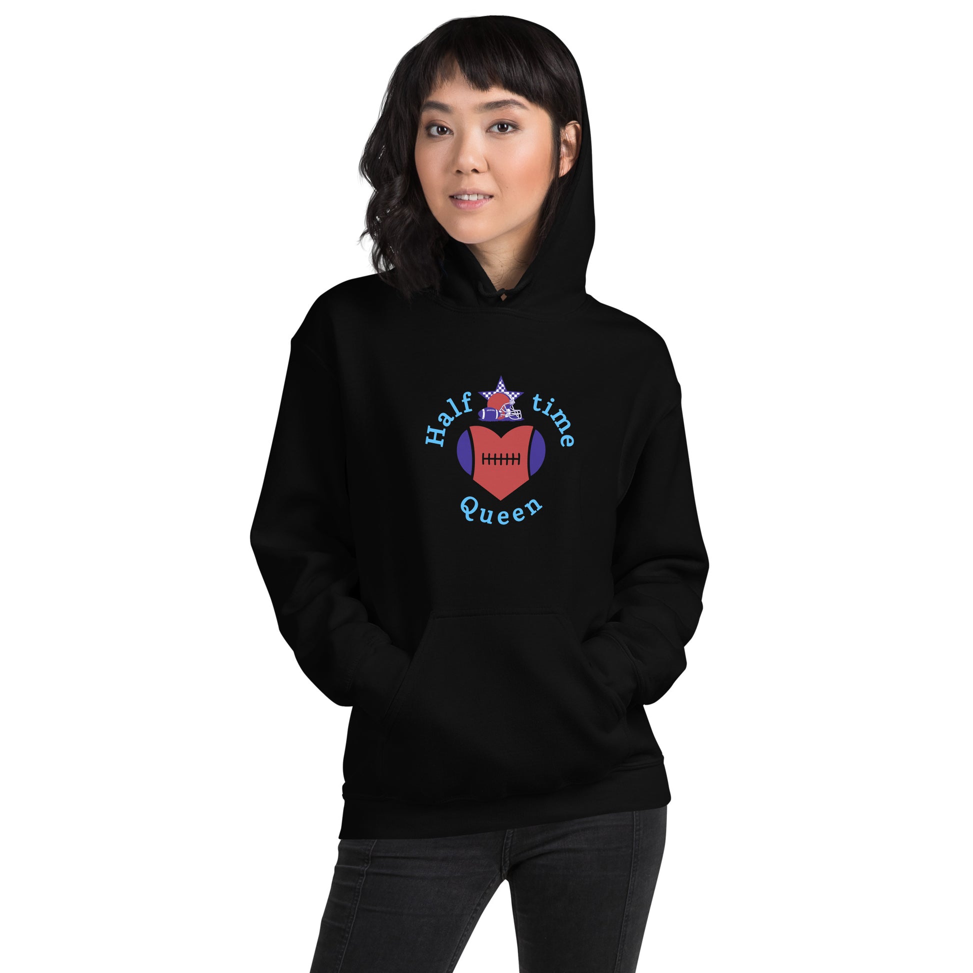 Halftime Queen Football Cheer for Red Navy & Sky Blue Unisex Hoodie by EraofInk