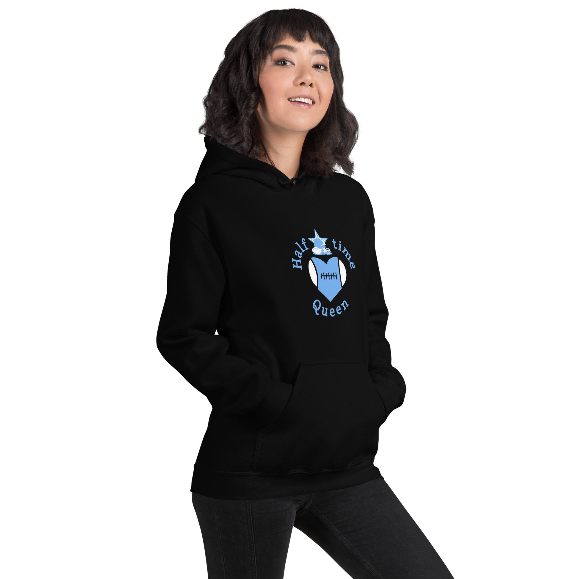 Halftime Queen Football Cheer for LIght Blue & White Unisex Hoodie by EraofInk