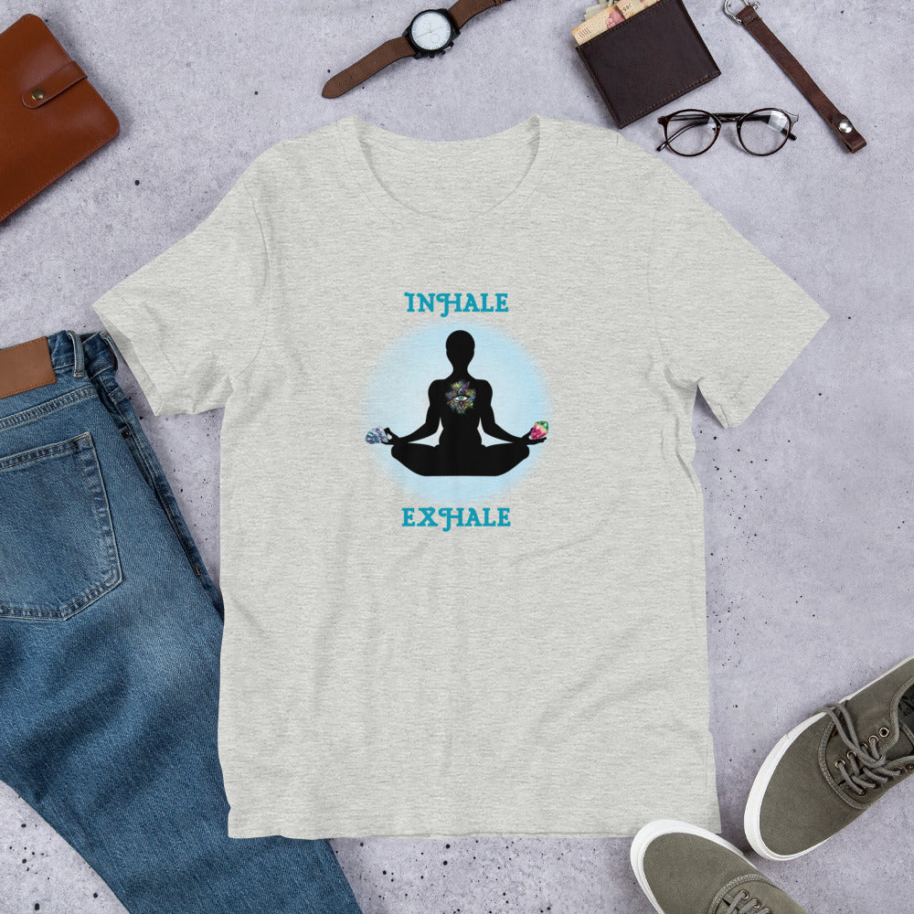 Inhale Exhale - Lotus pose holding crystals - Unisex t-shirt - by RecreatingKrista