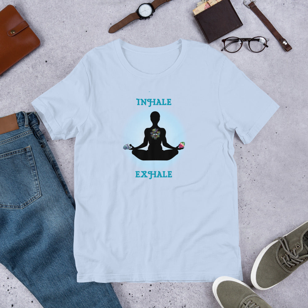 Inhale Exhale - Lotus pose holding crystals - Unisex t-shirt - by RecreatingKrista