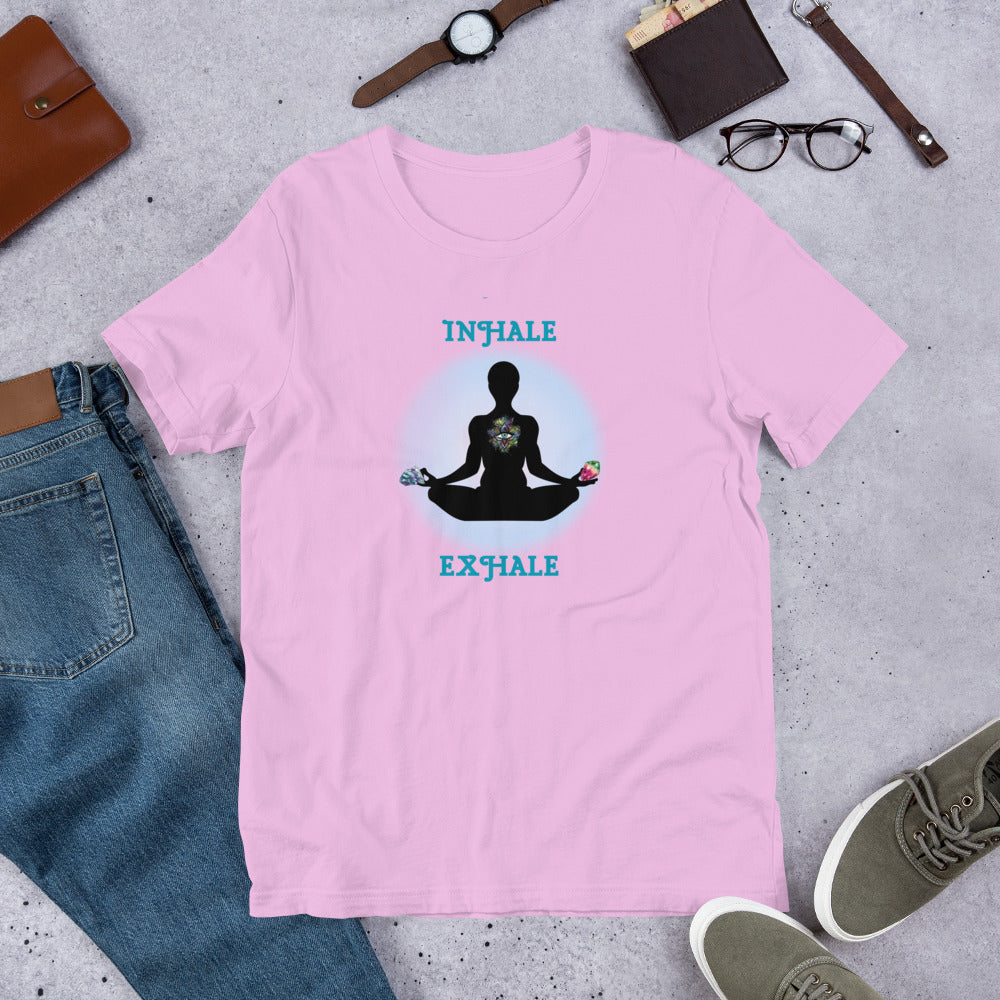 Inhale Exhale - Lotus pose holding crystals - Unisex t-shirt - by RecreatingKrista
