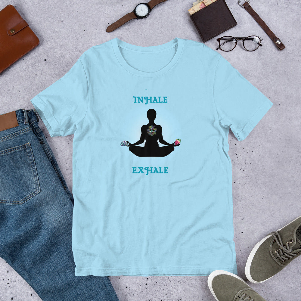 Inhale Exhale - Lotus pose holding crystals - Unisex t-shirt - by RecreatingKrista