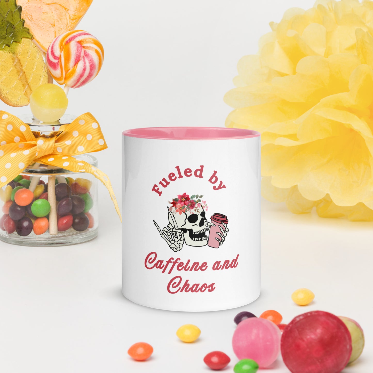 Fueled by Caffeine and Chaos Mug with Color Inside by EraofInk