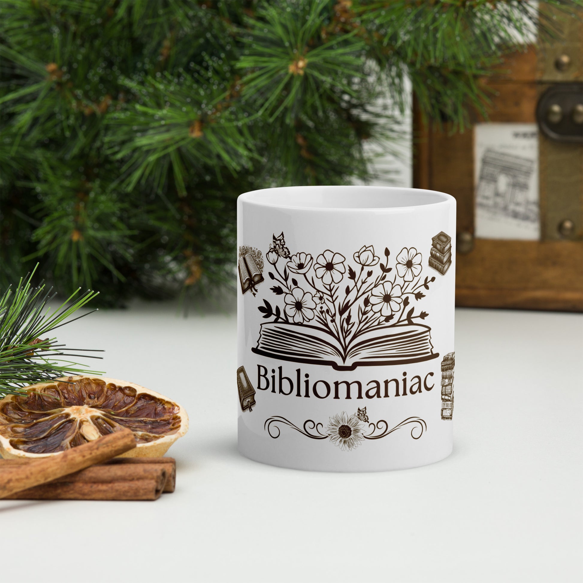 Bibliomaniac for the Book Lover or Avid Reader White Glossy Mug by EraofInk