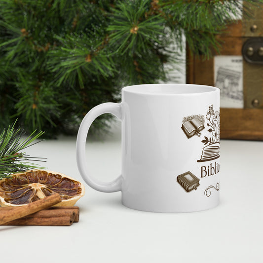 Bibliomaniac for the Book Lover or Avid Reader White Glossy Mug by EraofInk