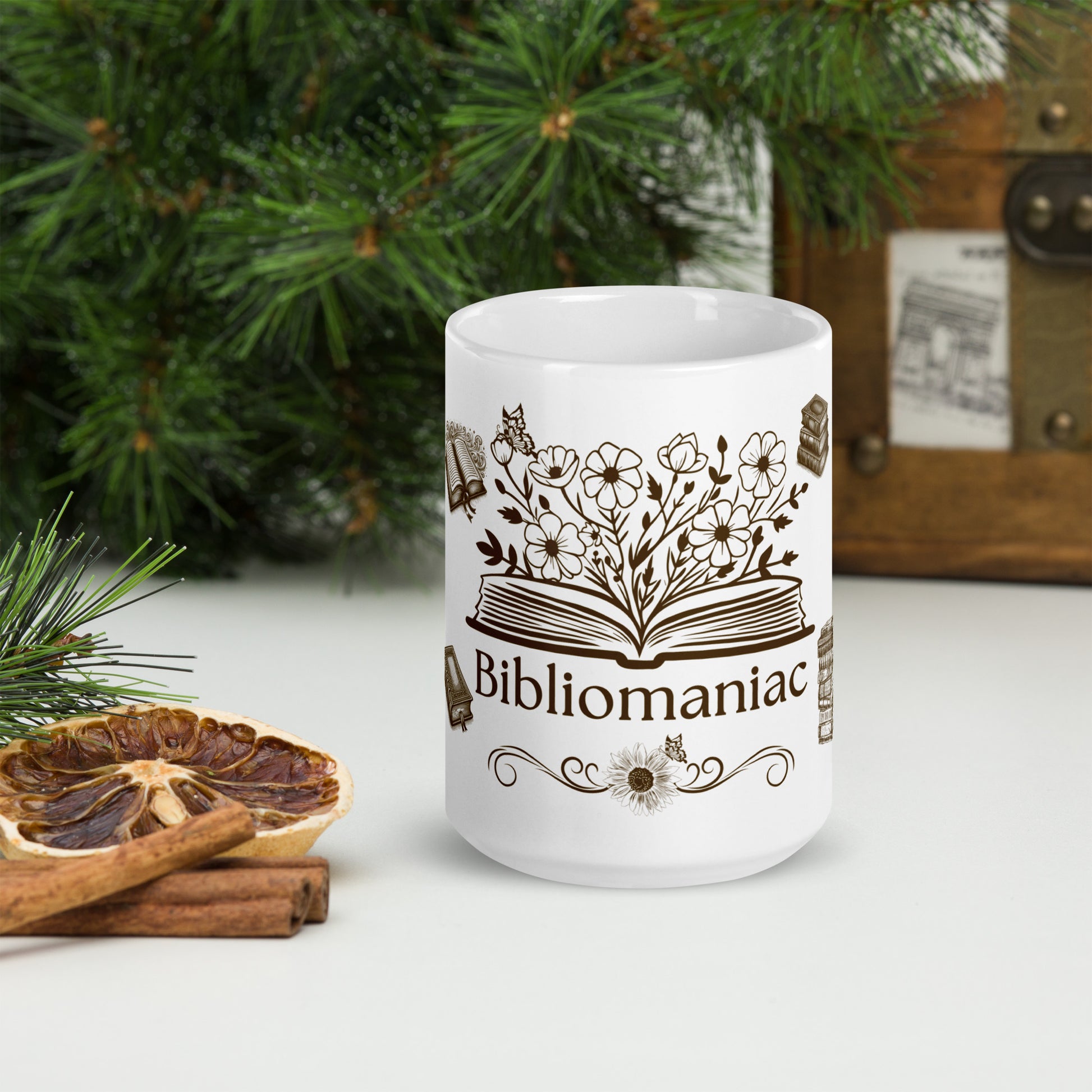 Bibliomaniac for the Book Lover or Avid Reader White Glossy Mug by EraofInk