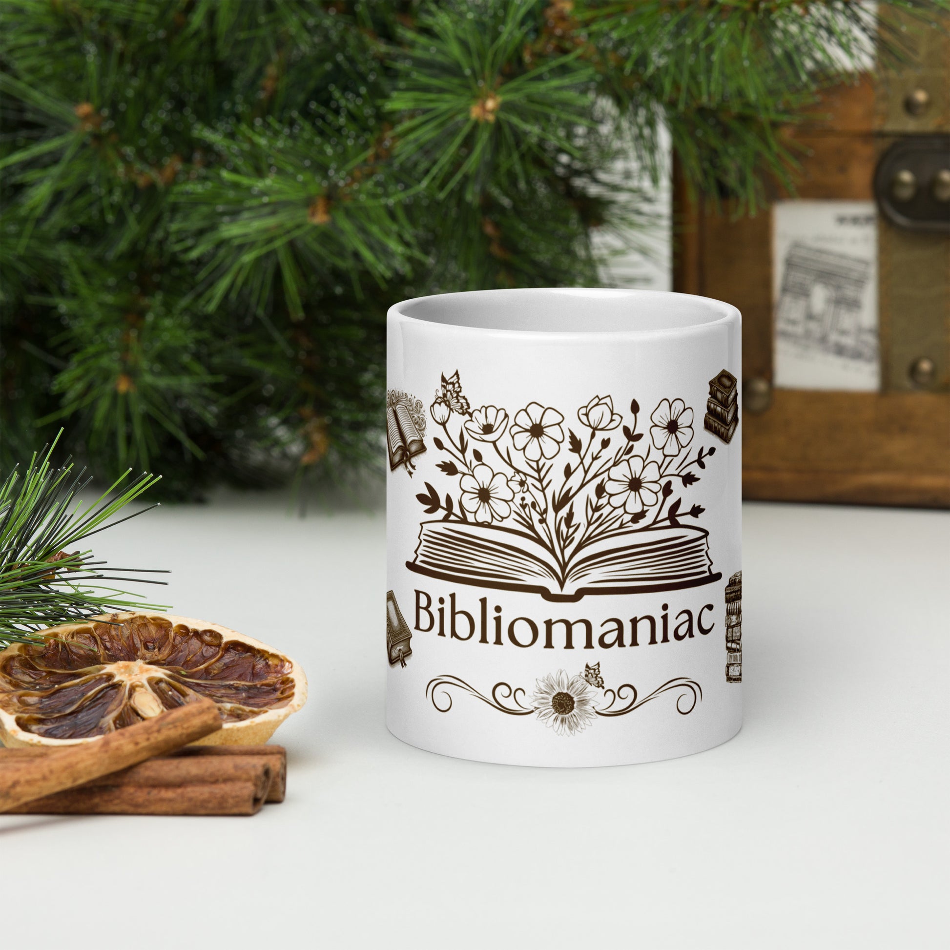 Bibliomaniac for the Book Lover or Avid Reader White Glossy Mug by EraofInk