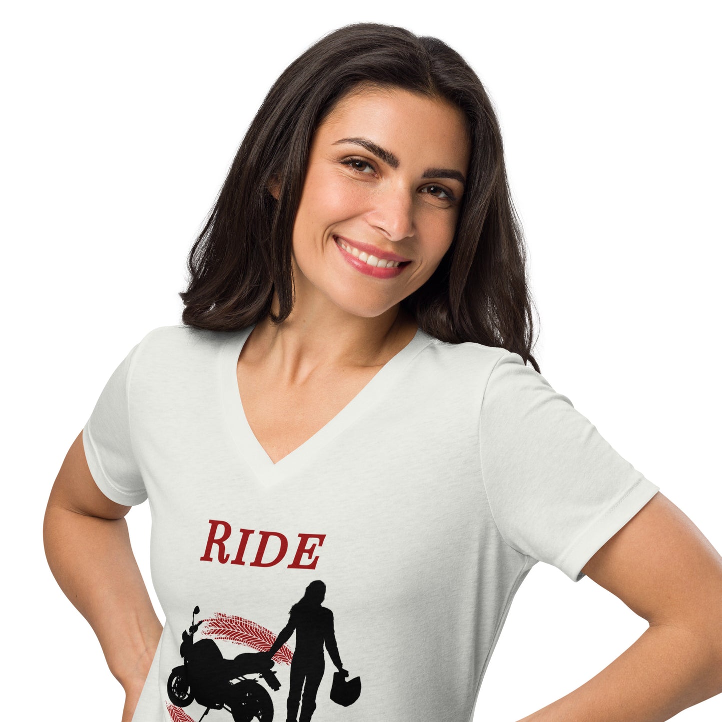 Ride Wild Motorcycle Biker Girl Women’s Relaxed V-neck Tee by EraofInk