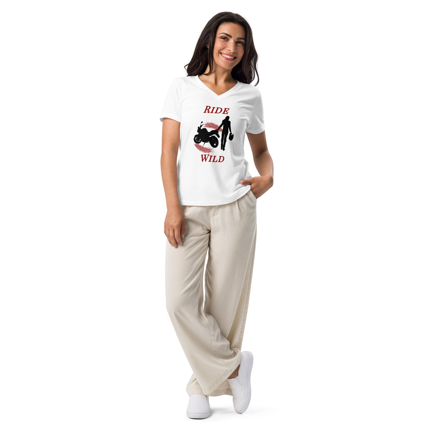 Ride Wild Motorcycle Biker Girl Women’s Relaxed V-neck Tee by EraofInk