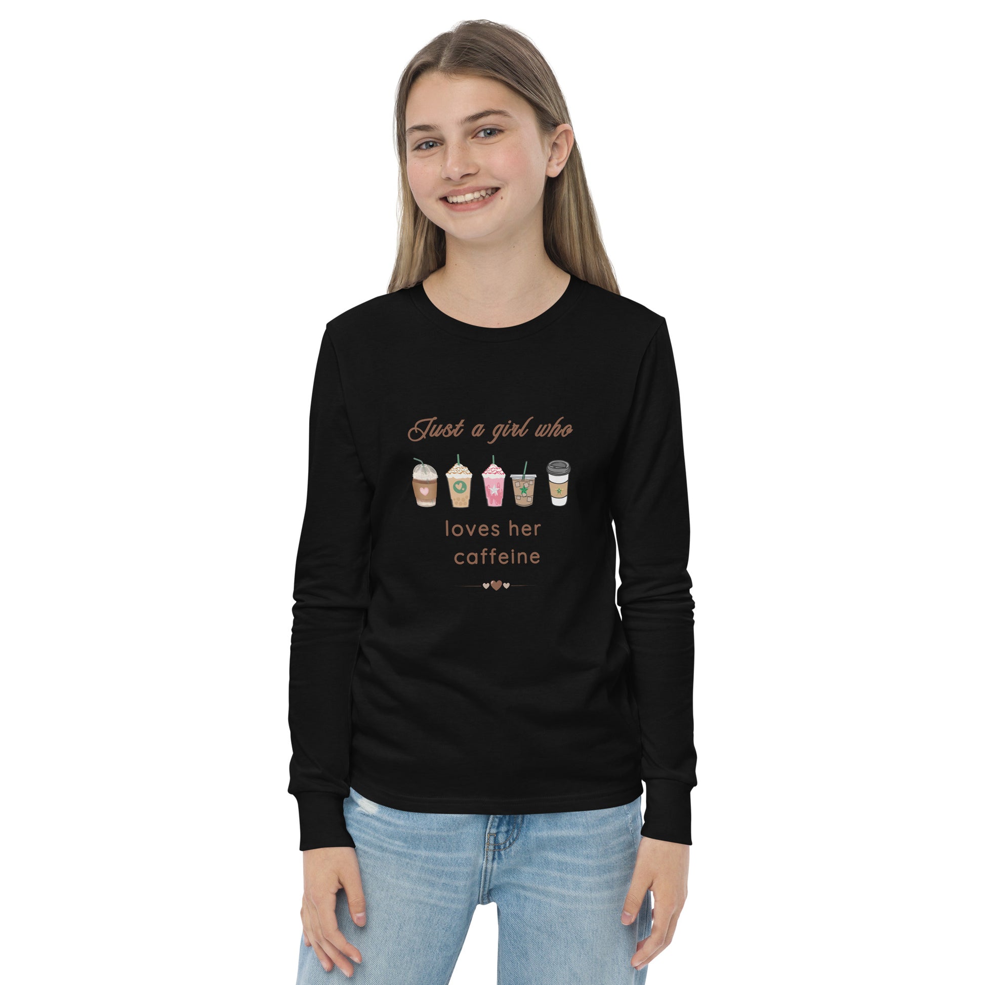 Just a Girl Who Loves Her Caffeine Youth Long Sleeve Tee by EraofInk