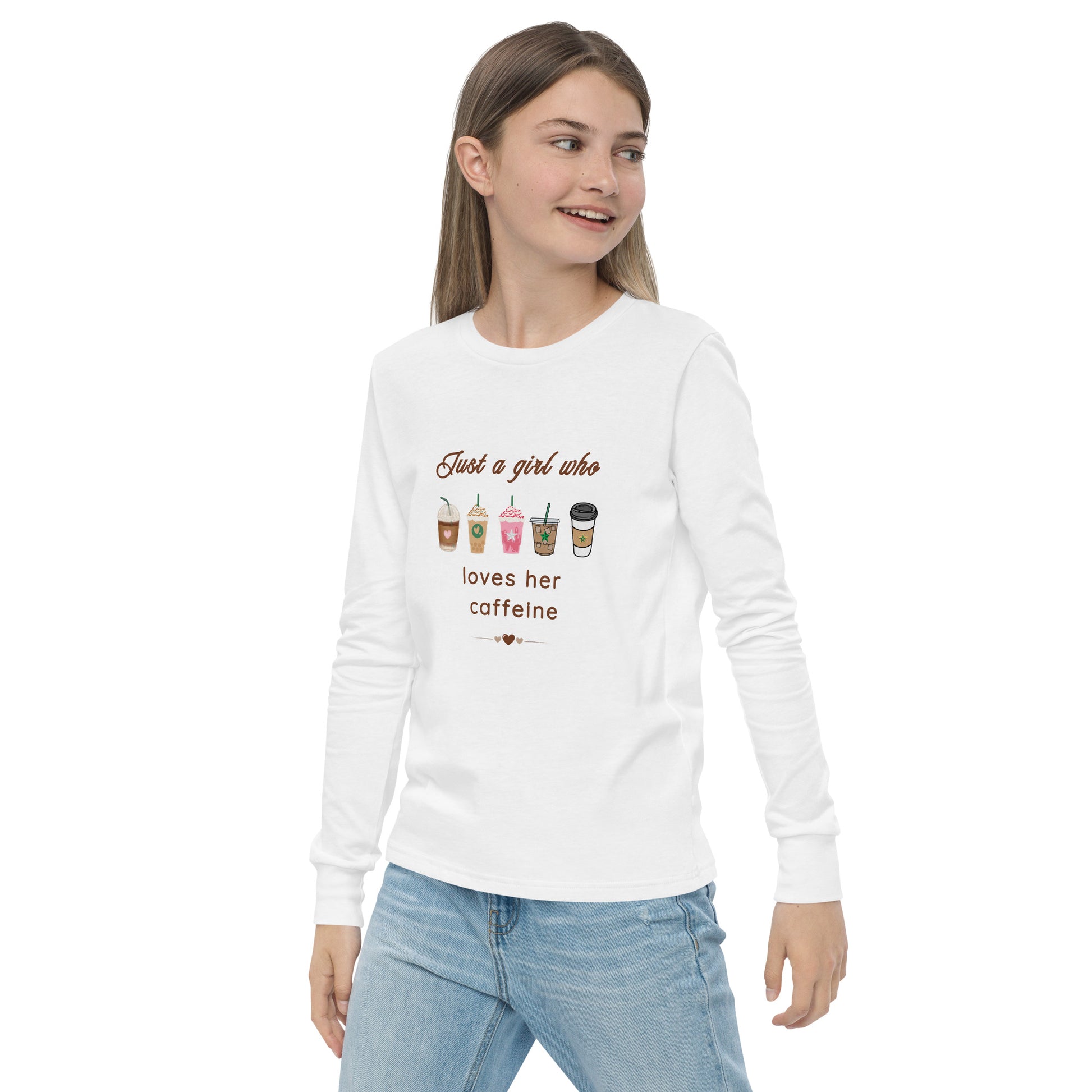 Just a Girl Who Loves Her Caffeine Youth Long Sleeve Tee by EraofInk
