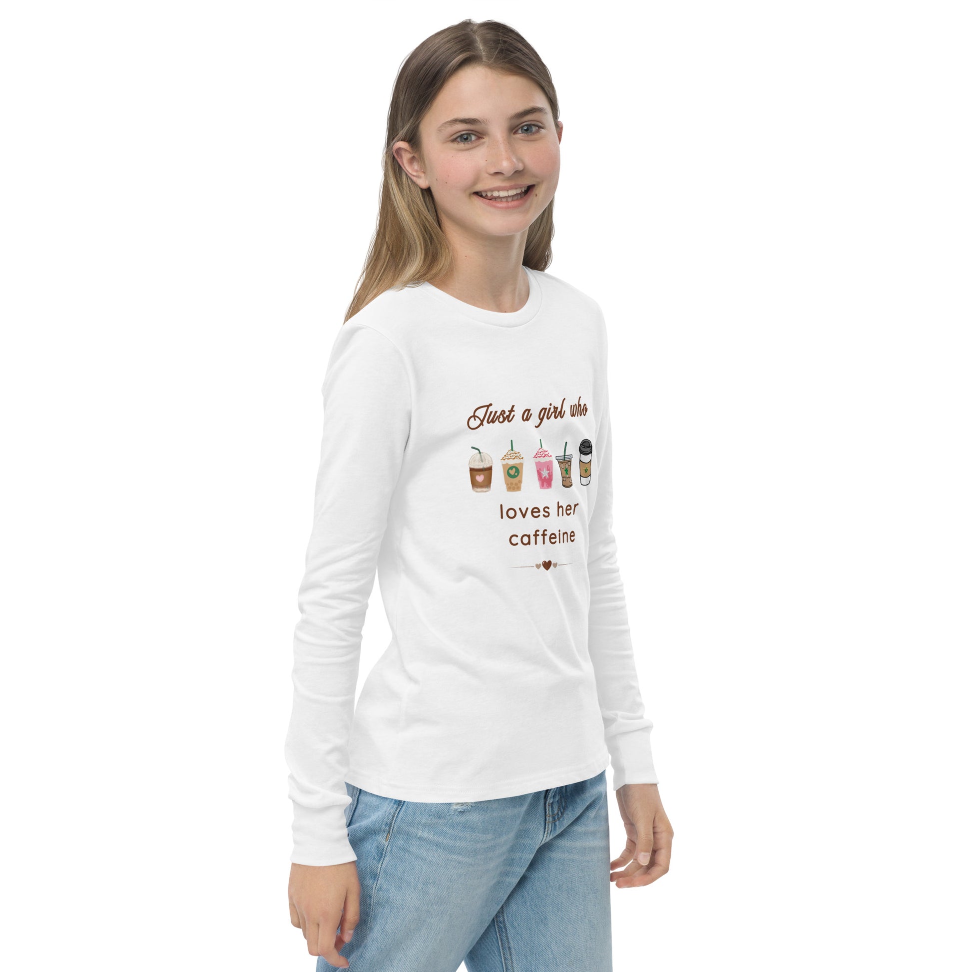 Just a Girl Who Loves Her Caffeine Youth Long Sleeve Tee by EraofInk