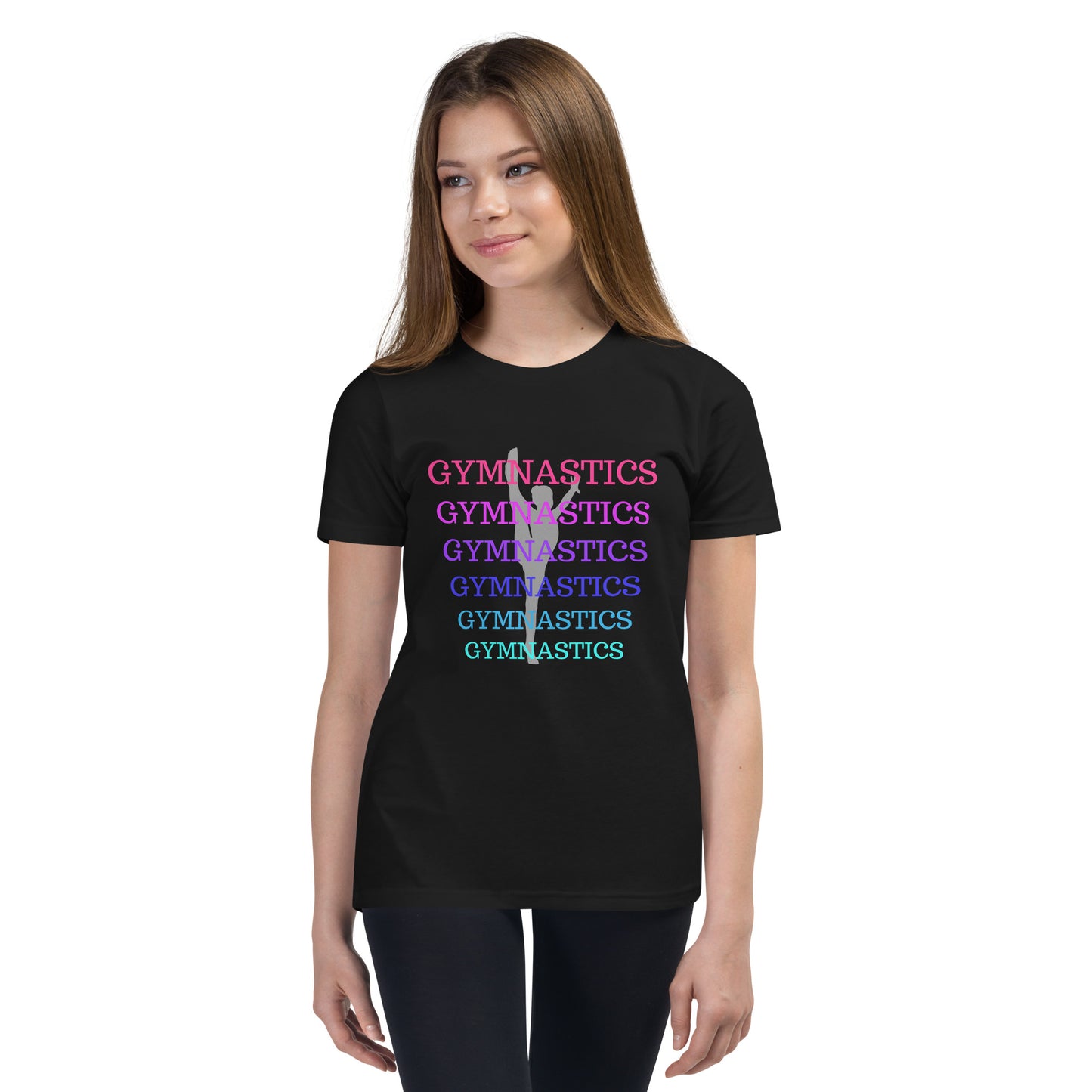 Gymnastics - layered in many colors with gymnast pose behind letters - Youth Short Sleeve T-Shirt - by RecreatingKrista