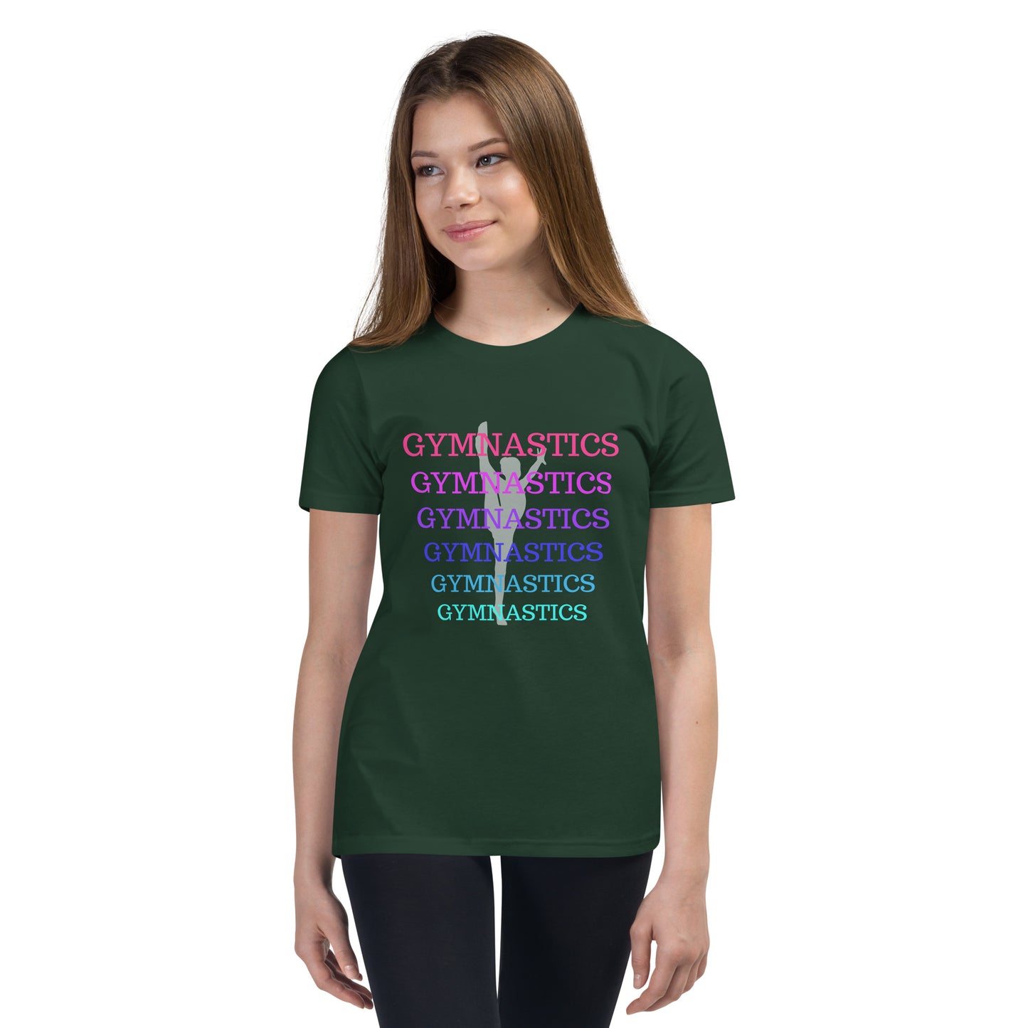 Gymnastics - layered in many colors with gymnast pose behind letters - Youth Short Sleeve T-Shirt - by RecreatingKrista