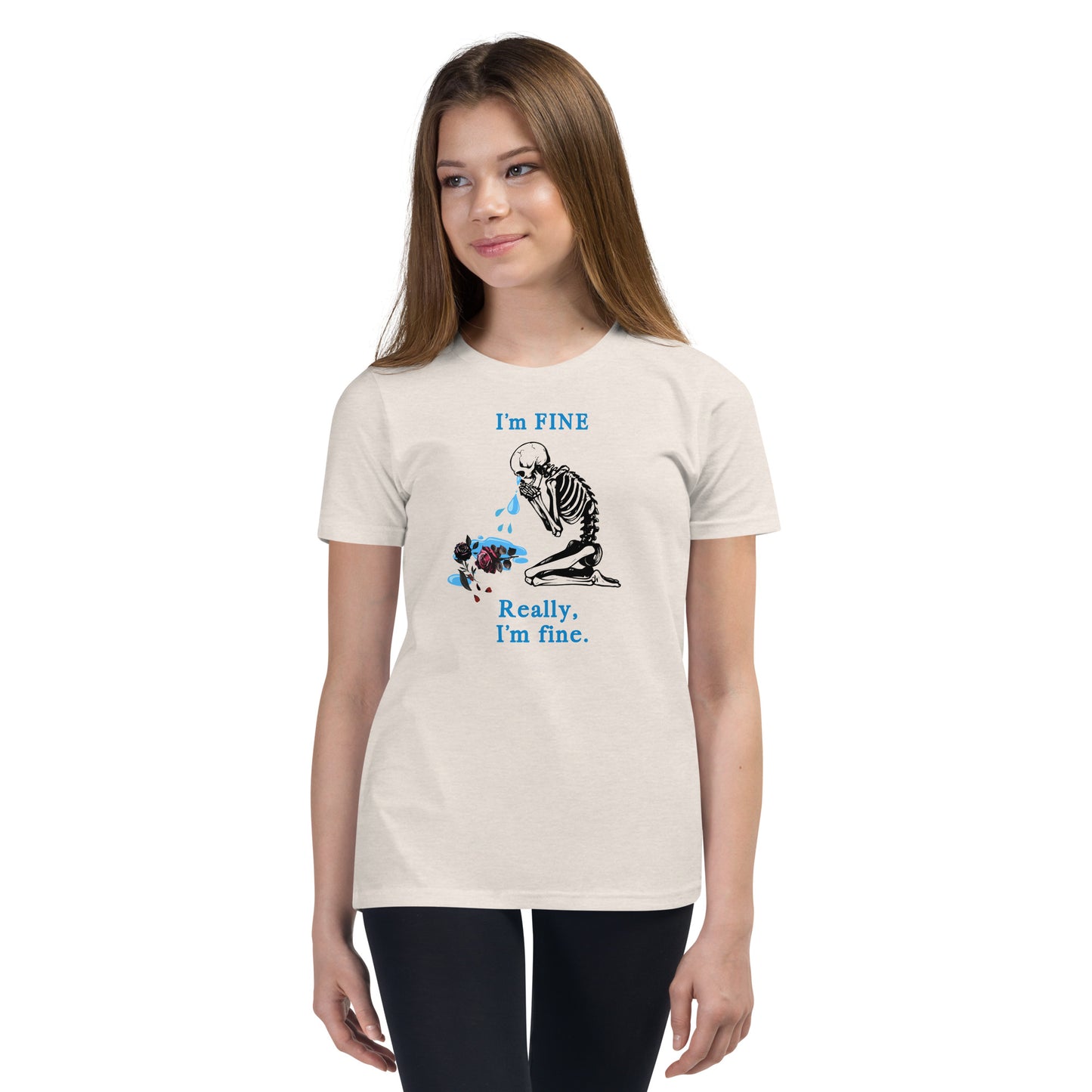 I'm Fine. Really, I'm fine. (Crying Skeleton Slumped a Rose) Youth Tee by EraofInk