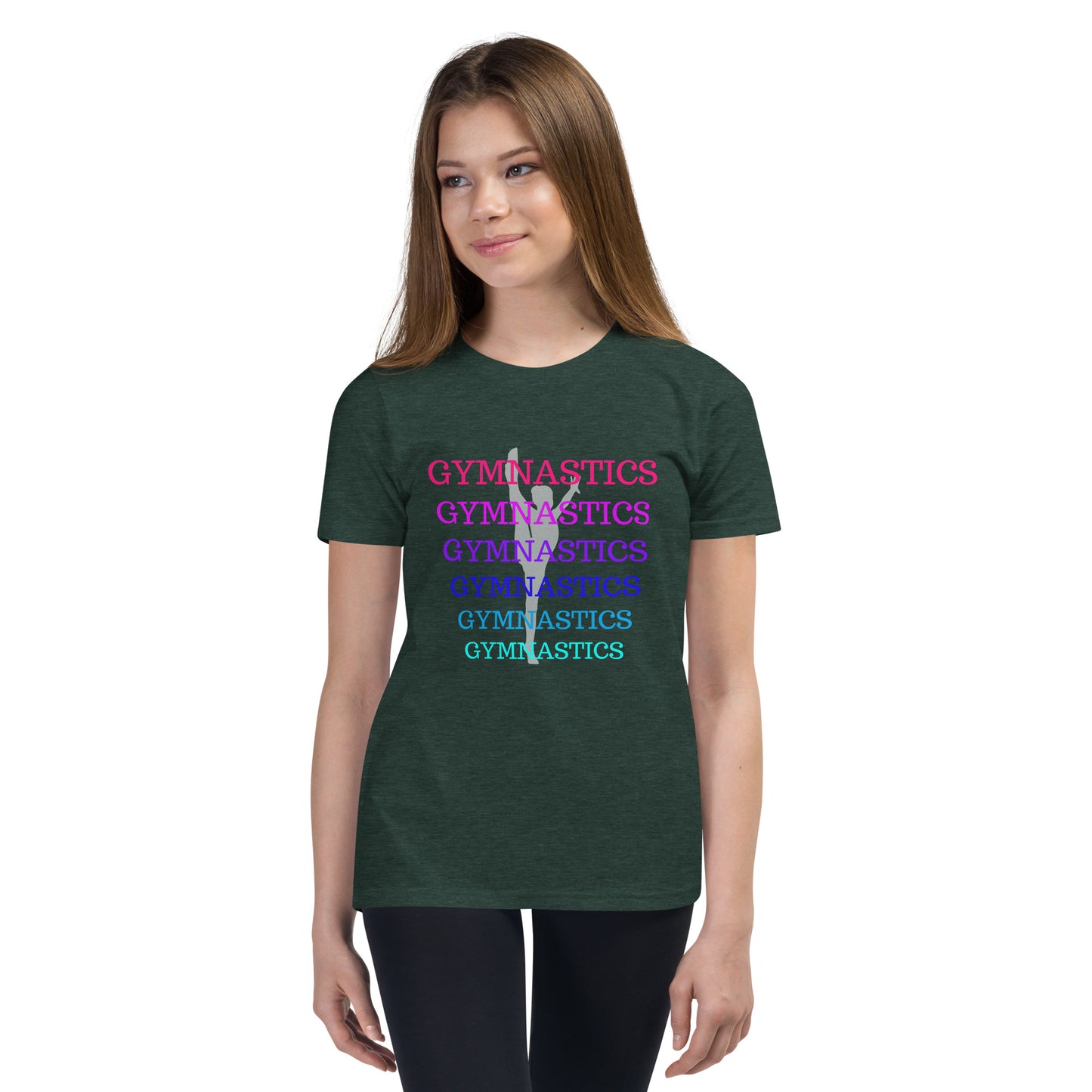 Gymnastics - layered in many colors with gymnast pose behind letters - Youth Short Sleeve T-Shirt - by RecreatingKrista