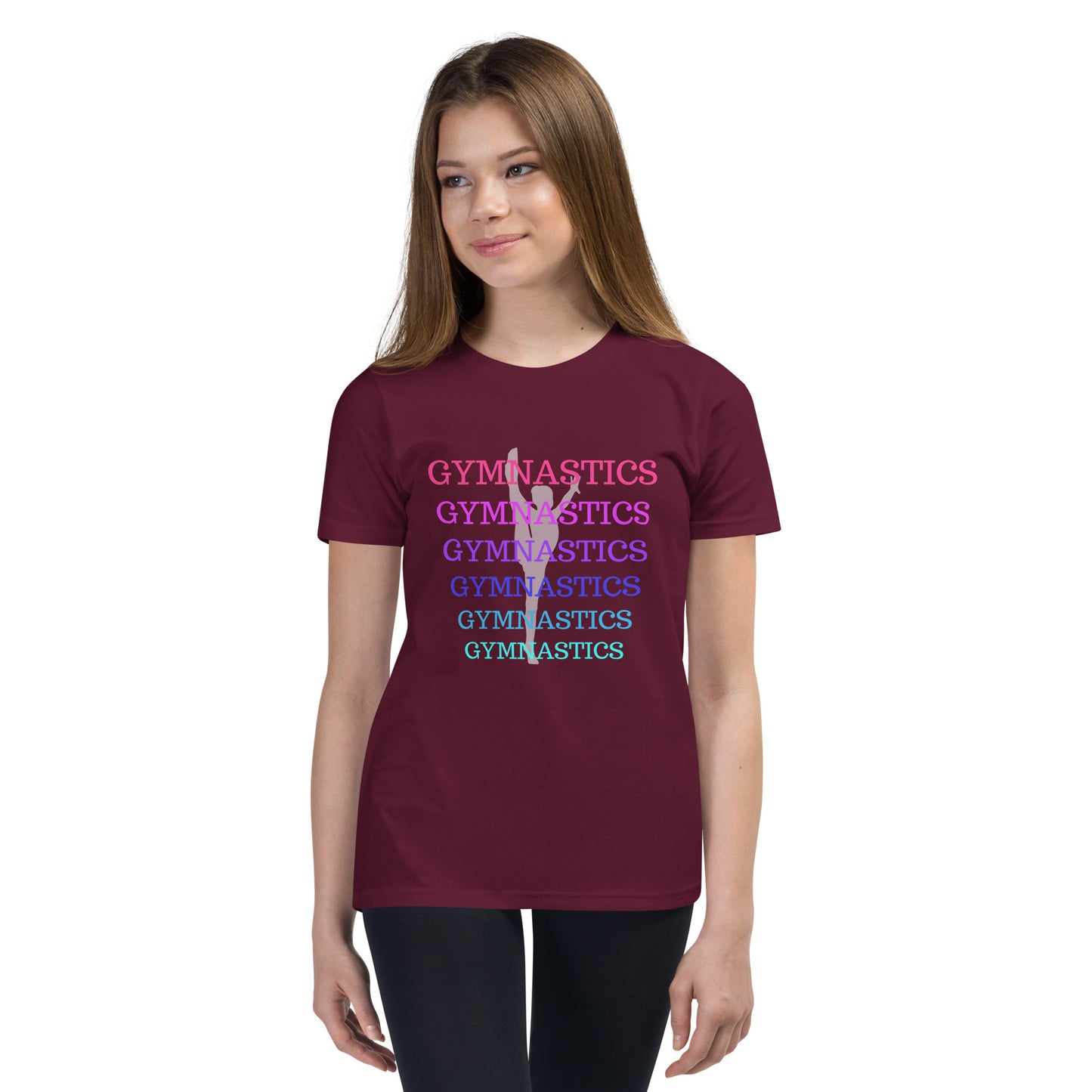Gymnastics - layered in many colors with gymnast pose behind letters - Youth Short Sleeve T-Shirt - by RecreatingKrista