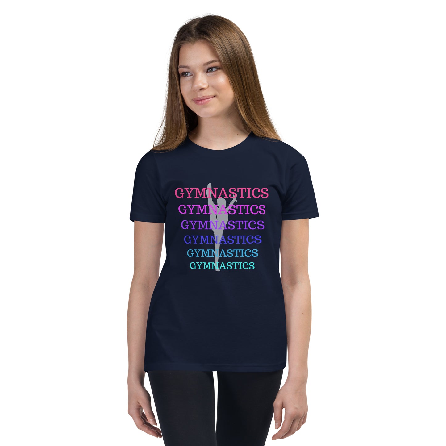 Gymnastics - layered in many colors with gymnast pose behind letters - Youth Short Sleeve T-Shirt - by RecreatingKrista