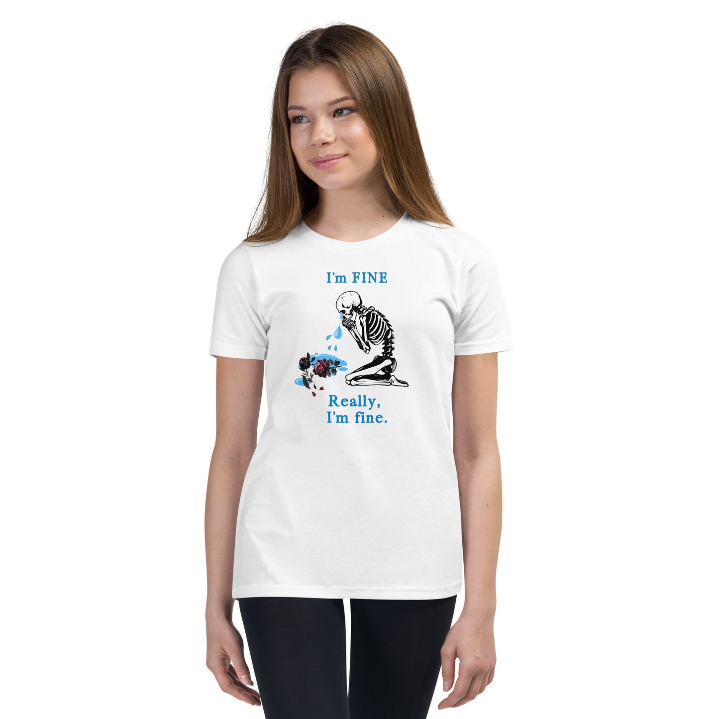I'm Fine. Really, I'm fine. (Crying Skeleton Slumped a Rose) Youth Tee by EraofInk