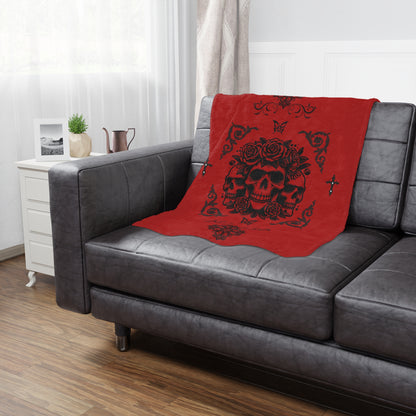 Red Skull & Roses Minky Blanket — Gothic Skull Throw for Halloween, Cozy Home Decor
