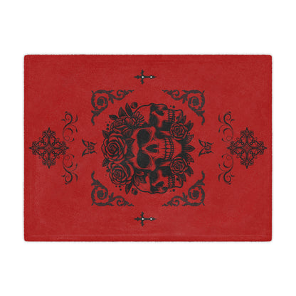 Red Skull & Roses Minky Blanket — Gothic Skull Throw for Halloween, Cozy Home Decor