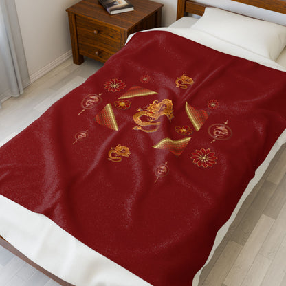 Chinese New Year Red Velvet Plush Blanket with Gold Dragon Design — Lunar New Year Throw by EraofInk